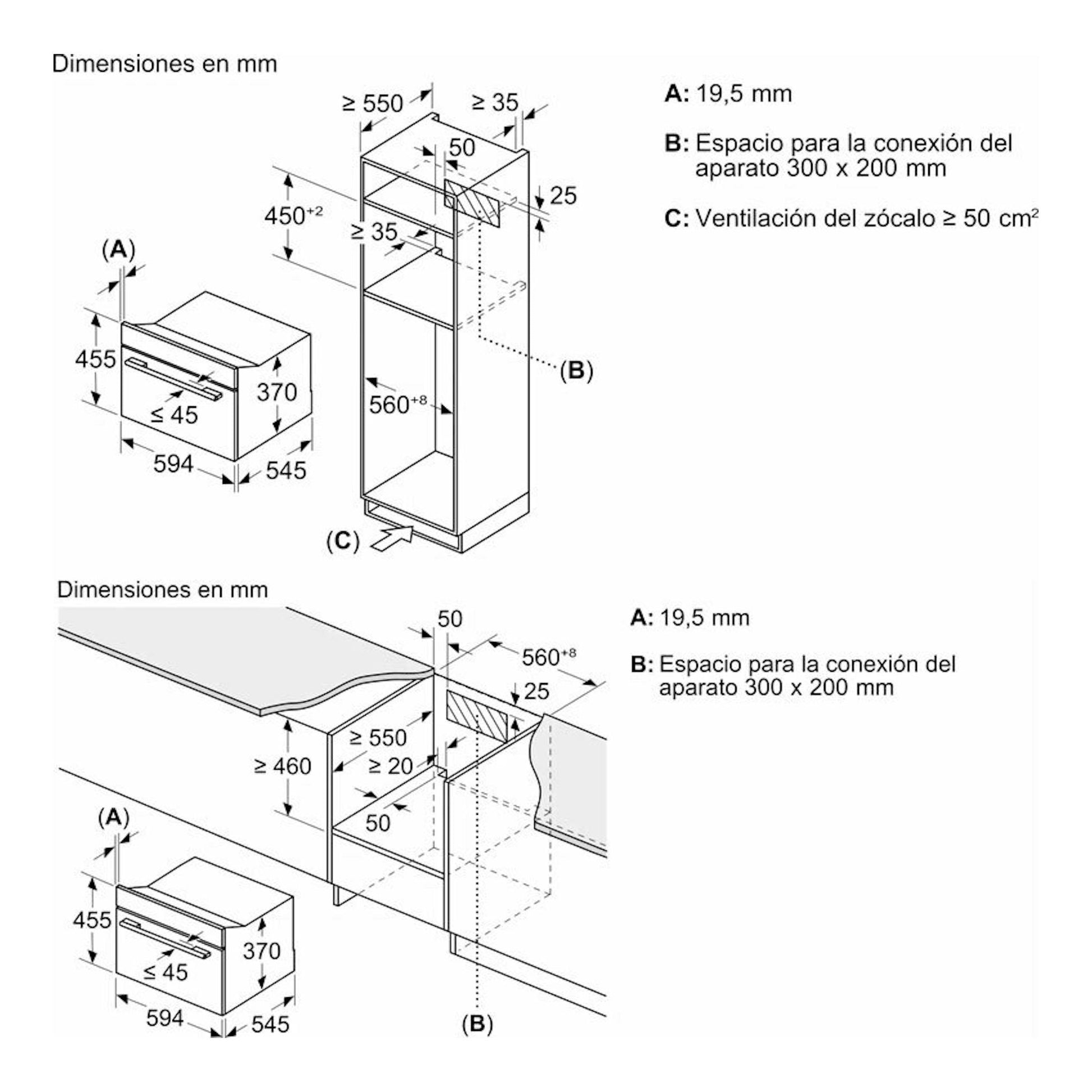 Diagrama técnico de instalación del microondas integrable Siemens CE732GXB1, con medidas en mm.