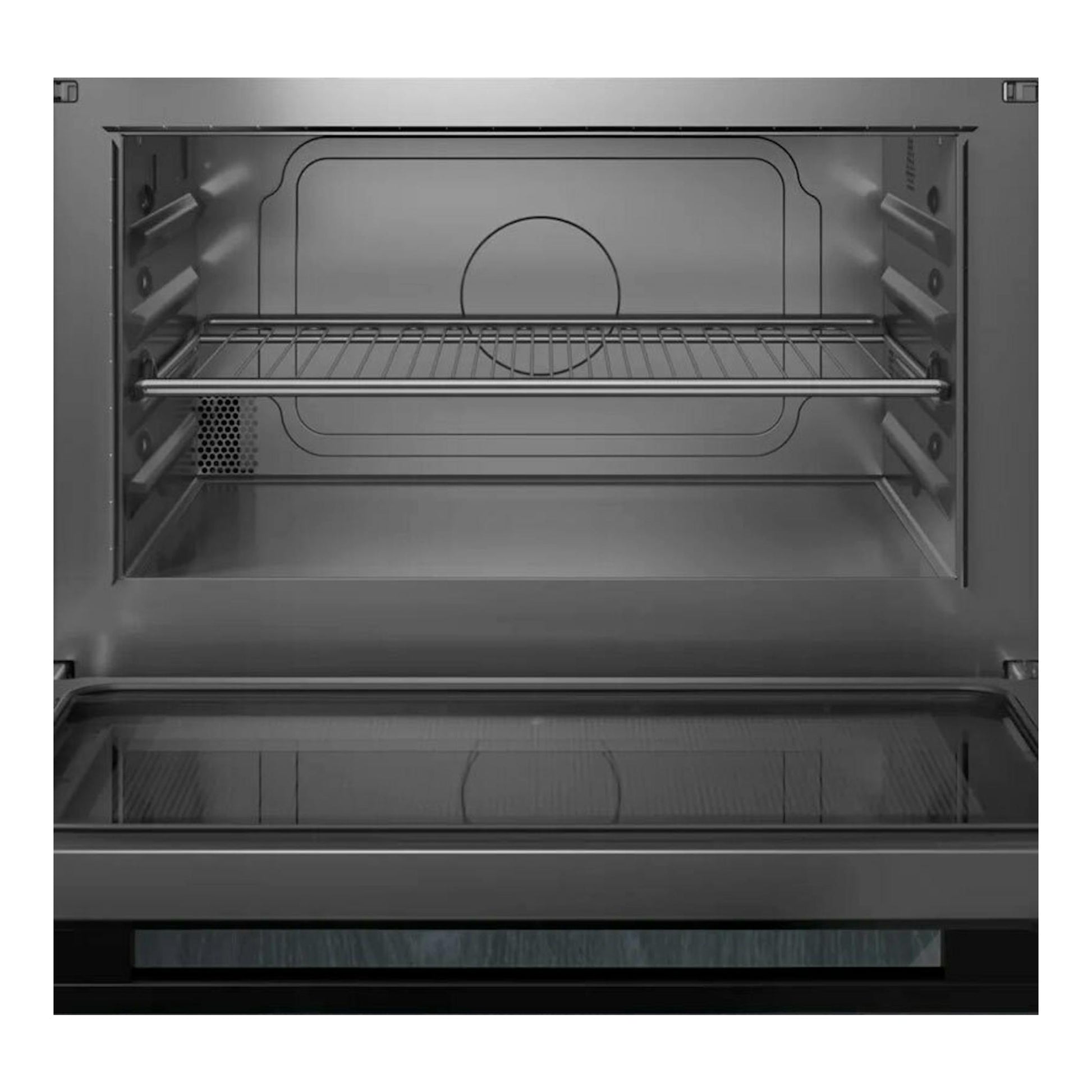 Microondas integrable Siemens CE732GXB1 negro, vista frontal abierta del interior con rejilla.