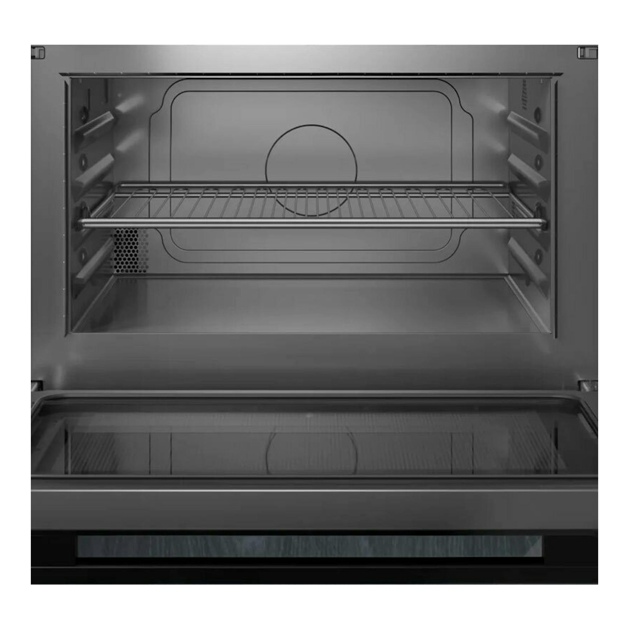 Microondas integrable Siemens CE732GXB1 negro, vista frontal abierta del interior con rejilla.