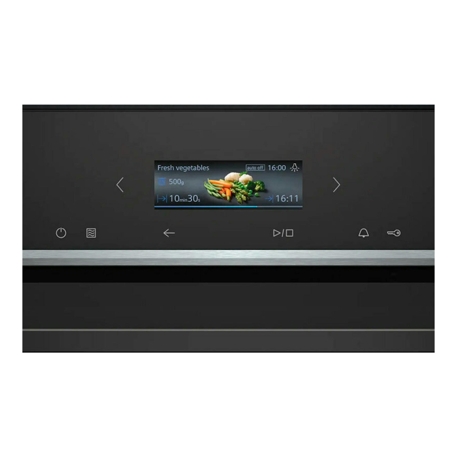 Microondas integrable Siemens CE732GXB1 negro, vista frontal con panel táctil y pantalla central.