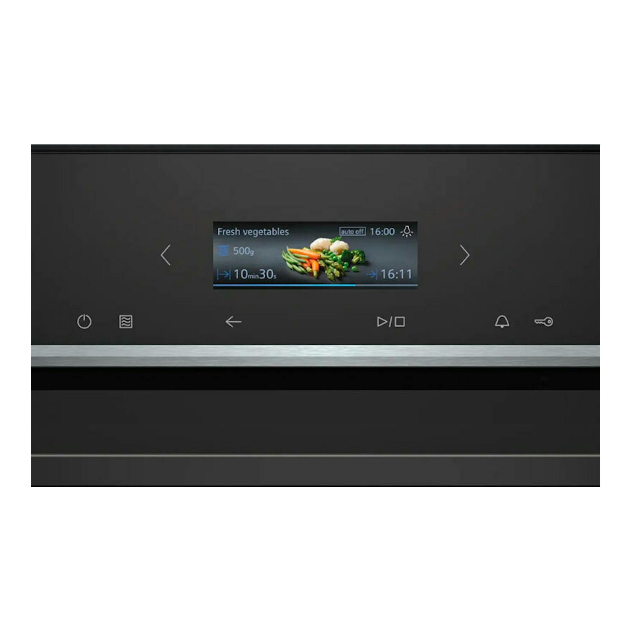Microondas integrable Siemens CE732GXB1 negro, vista frontal con panel táctil y pantalla central.