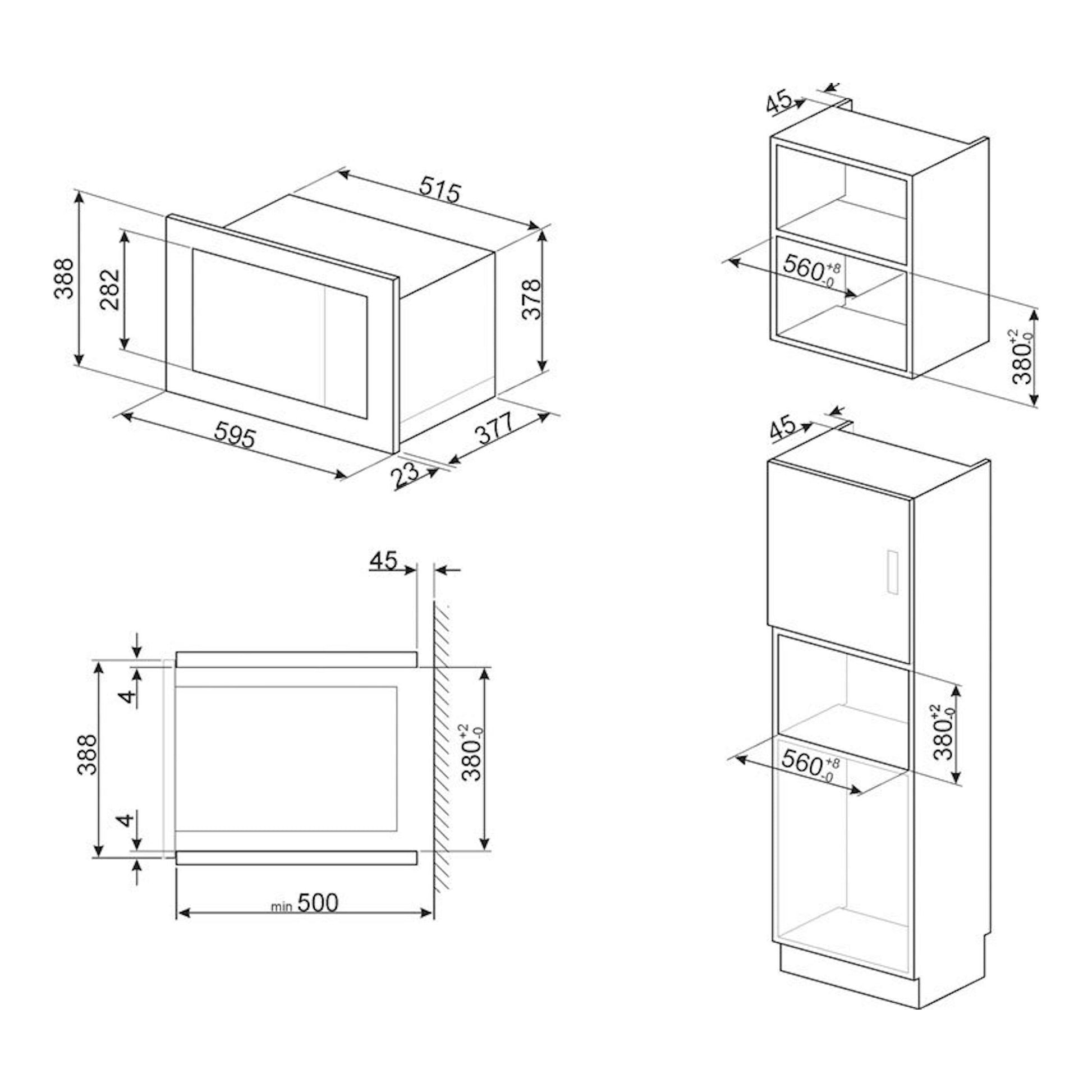 Diagrama técnico en blanco y negro del microondas integrable Smeg FMI325X, con vistas frontal y lateral y medidas.