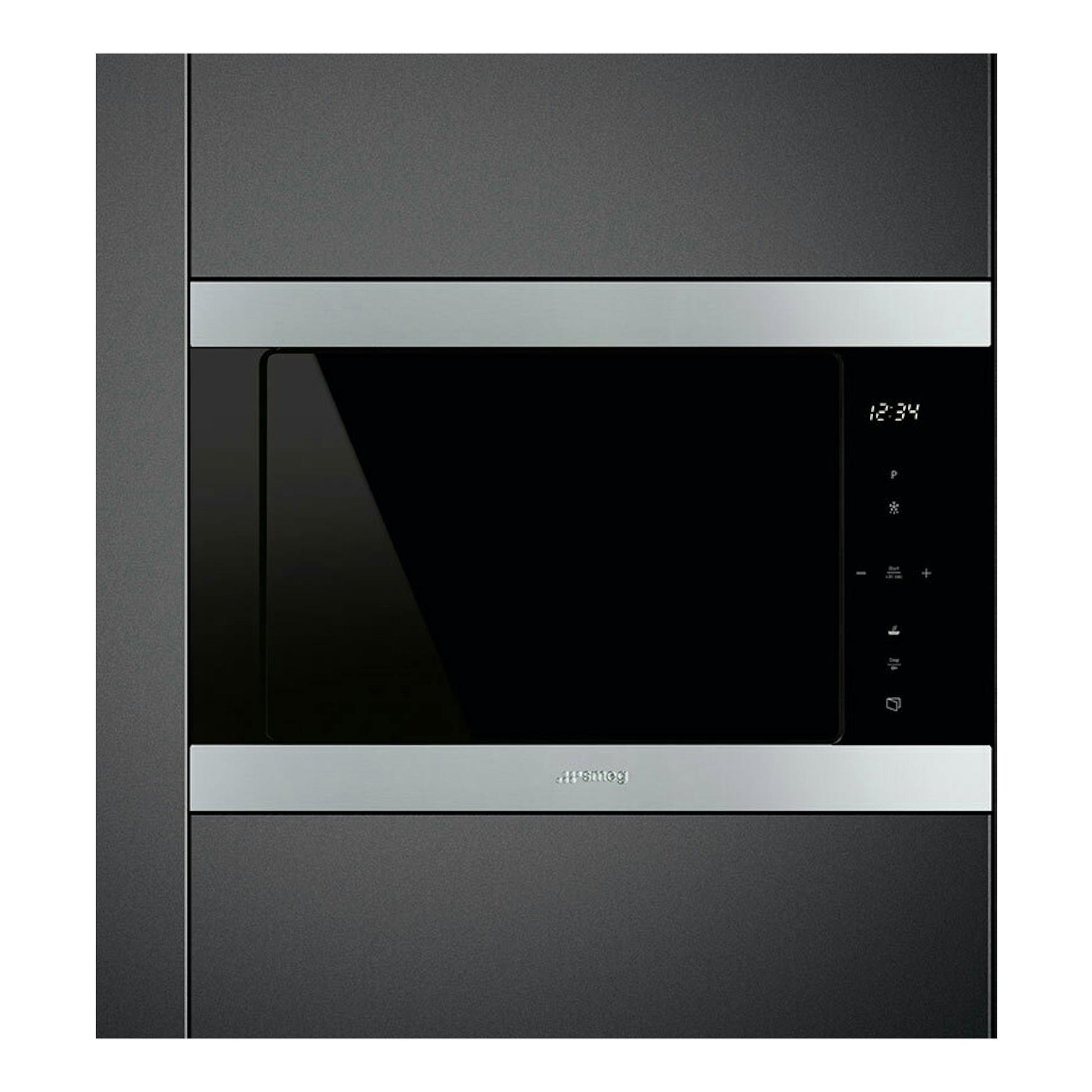 Microondas integrable Smeg FMI325X, vista frontal, panel negro con franjas de acero inoxidable y display digital.