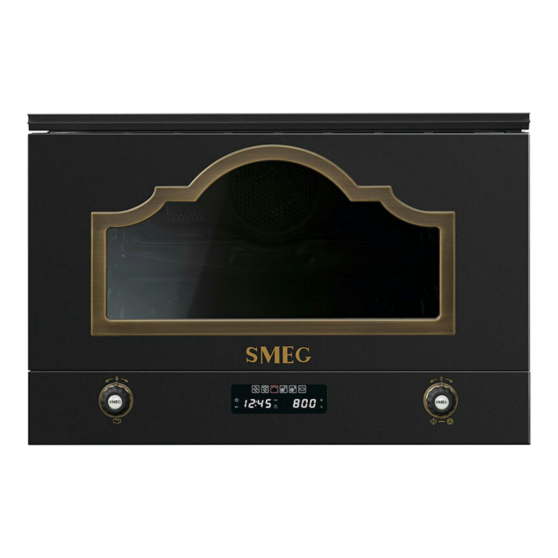 Microondas integrable Smeg MP722AO gris antracita, vista frontal, con marco dorado y panel digital.