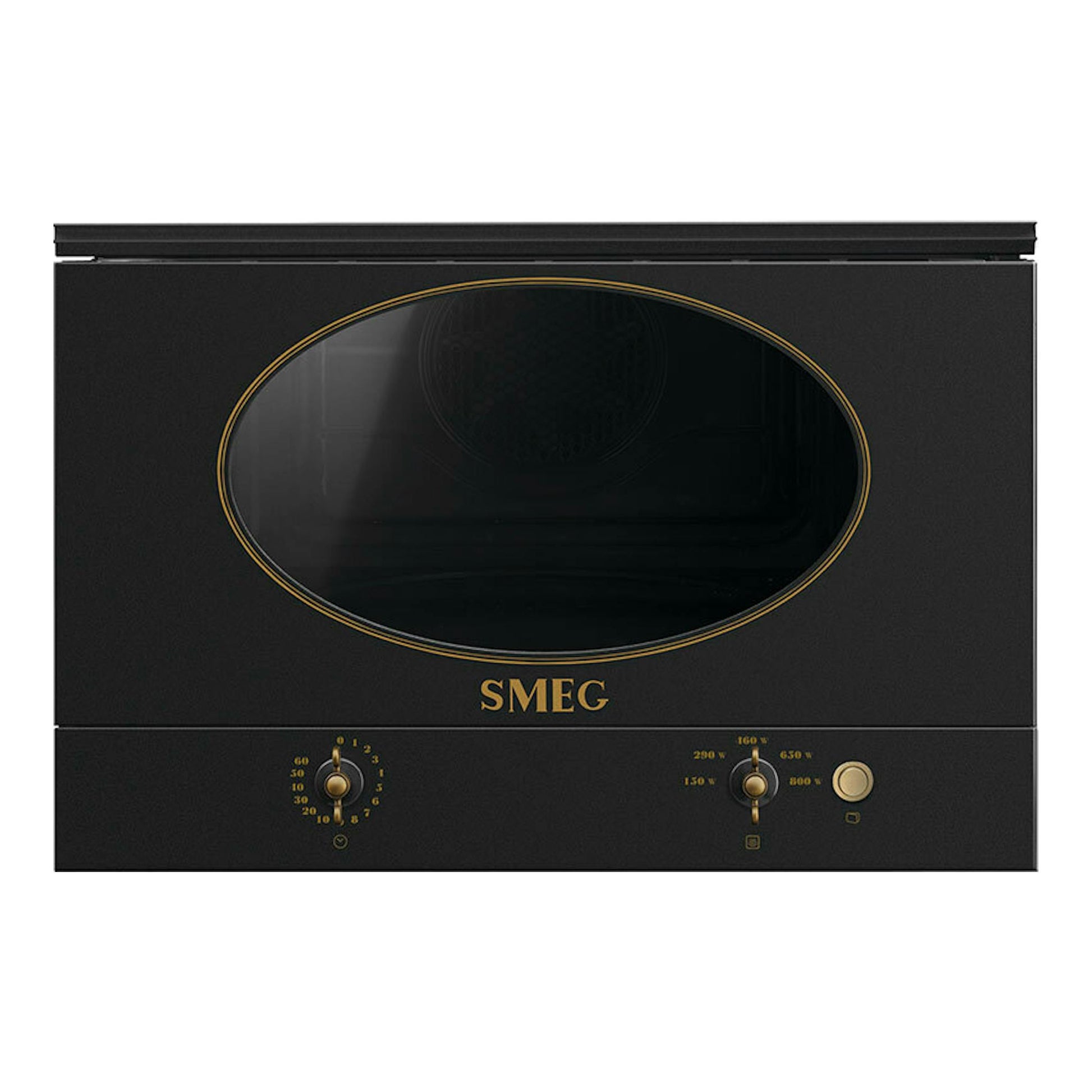 Microondas integrable Smeg MP822NAO gris antracita, vista frontal, con ventana ovalada y mandos dorados.