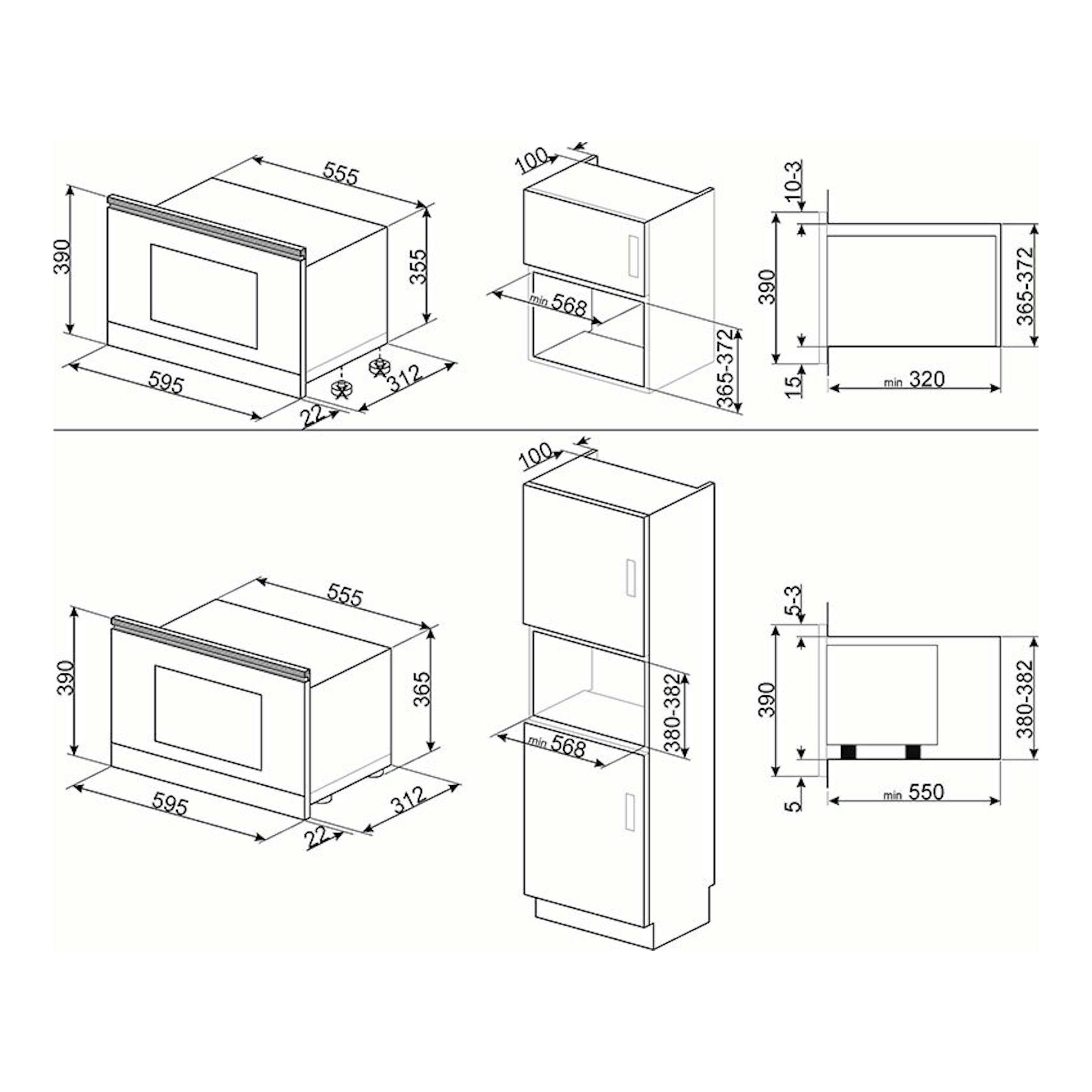 Smeg MP822NAO microondas integrable gris antracita, esquema técnico con vistas frontal, lateral e isométrica.
