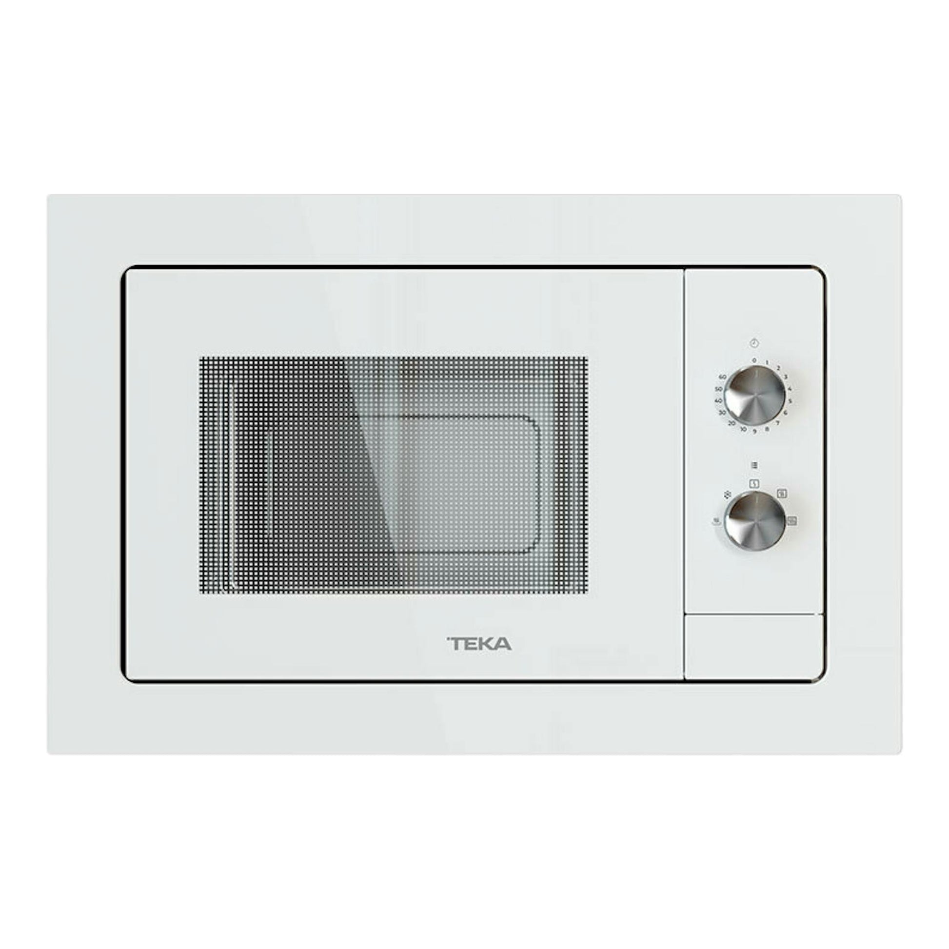 Microondas integrable Teka MB6200BI blanco, vista frontal con dos mandos y puerta con cristal.