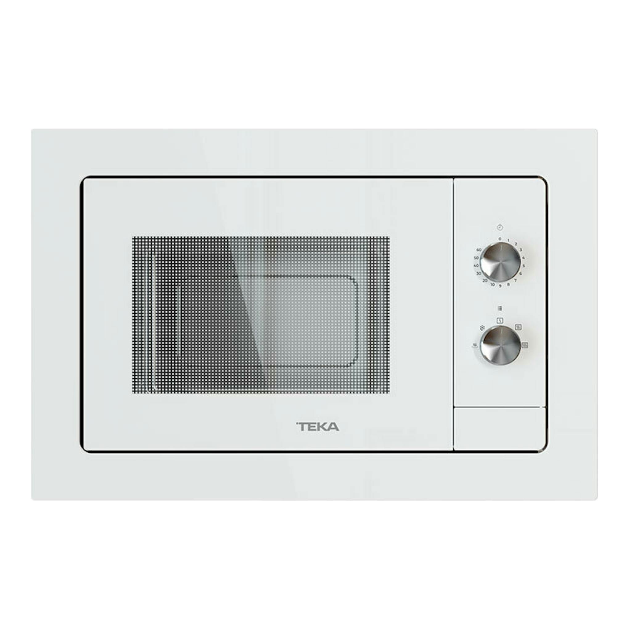 Microondas integrable Teka MB6200BI blanco, vista frontal con dos mandos y puerta con cristal.
