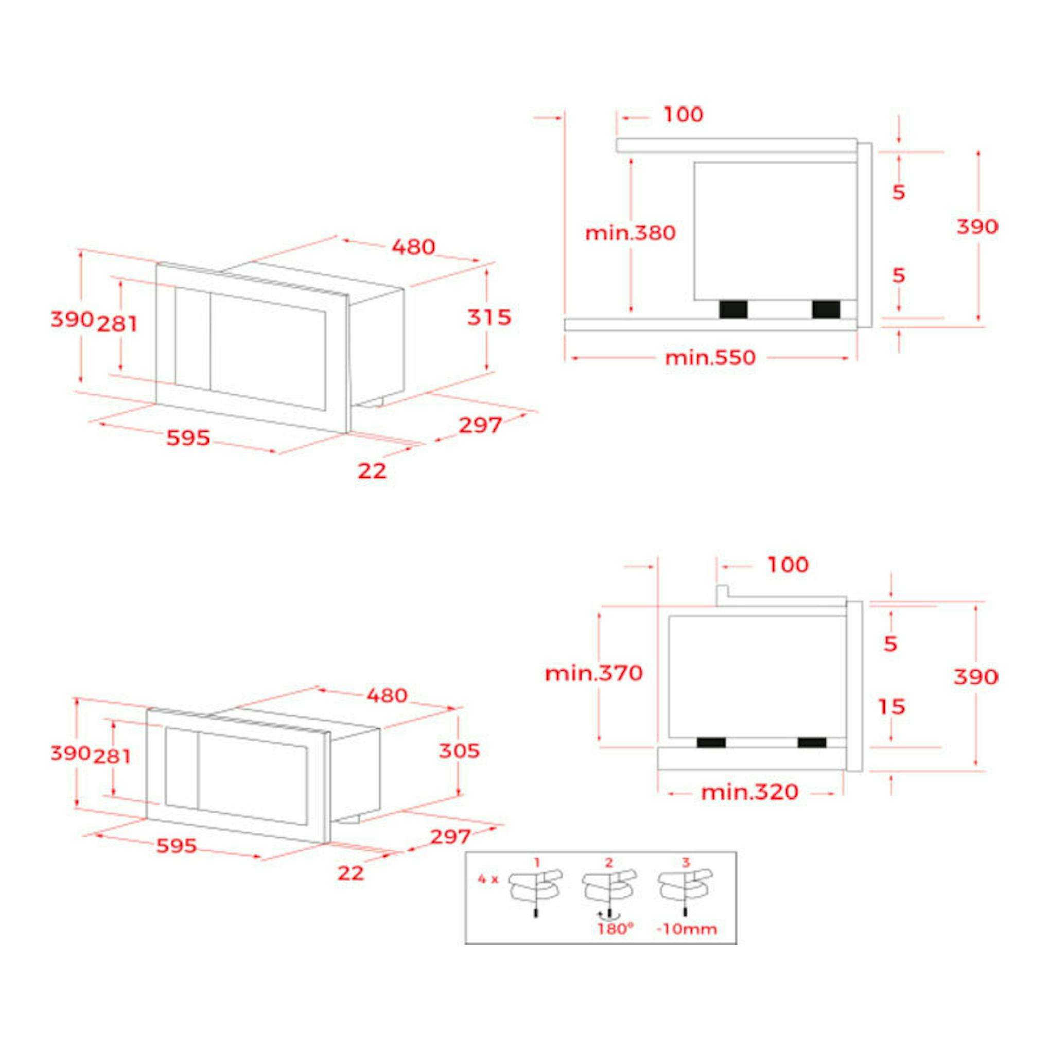 Plano técnico del microondas integrable Teka MB6200BI blanco, con vistas frontal y lateral y medidas.