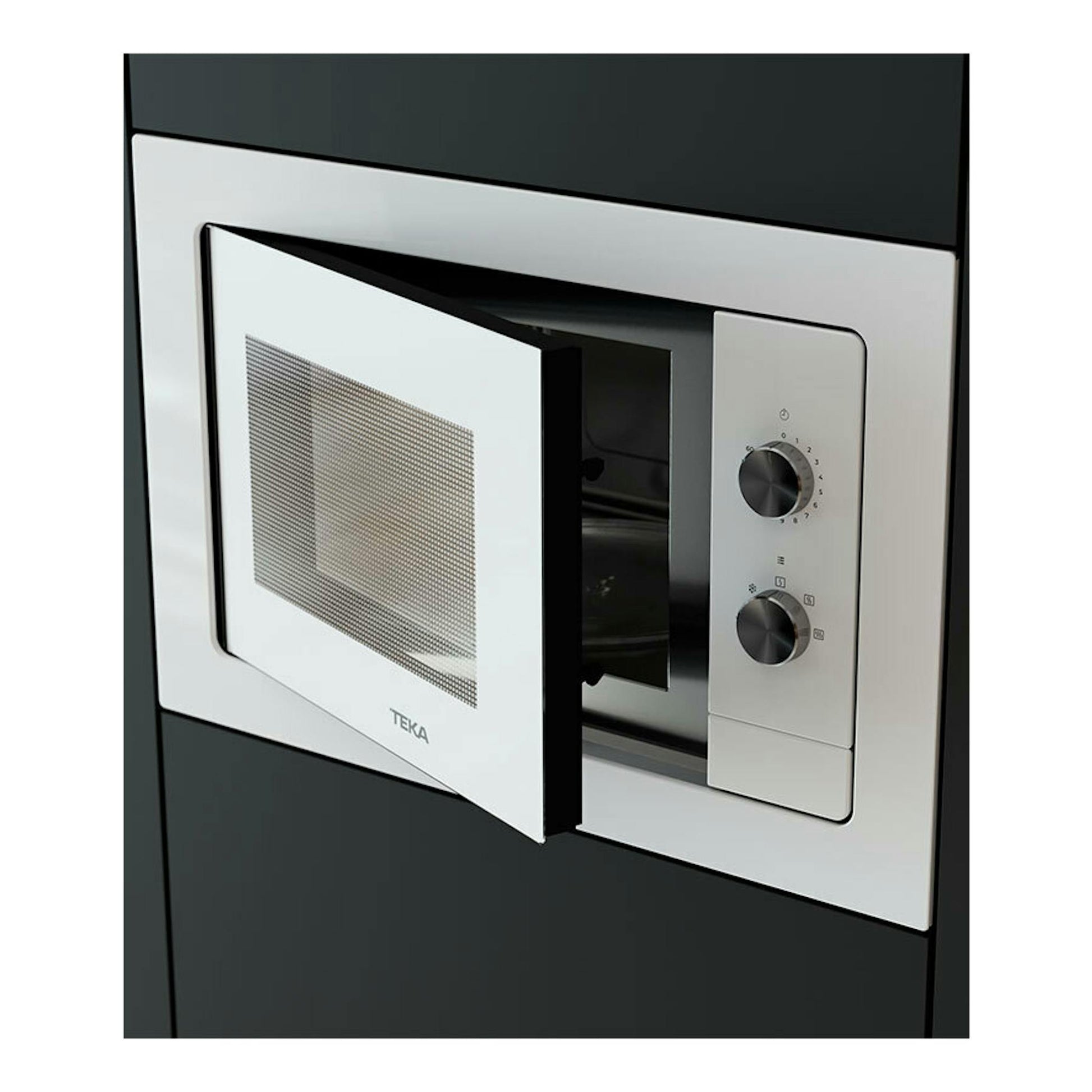 Microondas integrable Teka MB6200BI blanco, vista frontal con la puerta abierta y dos mandos.