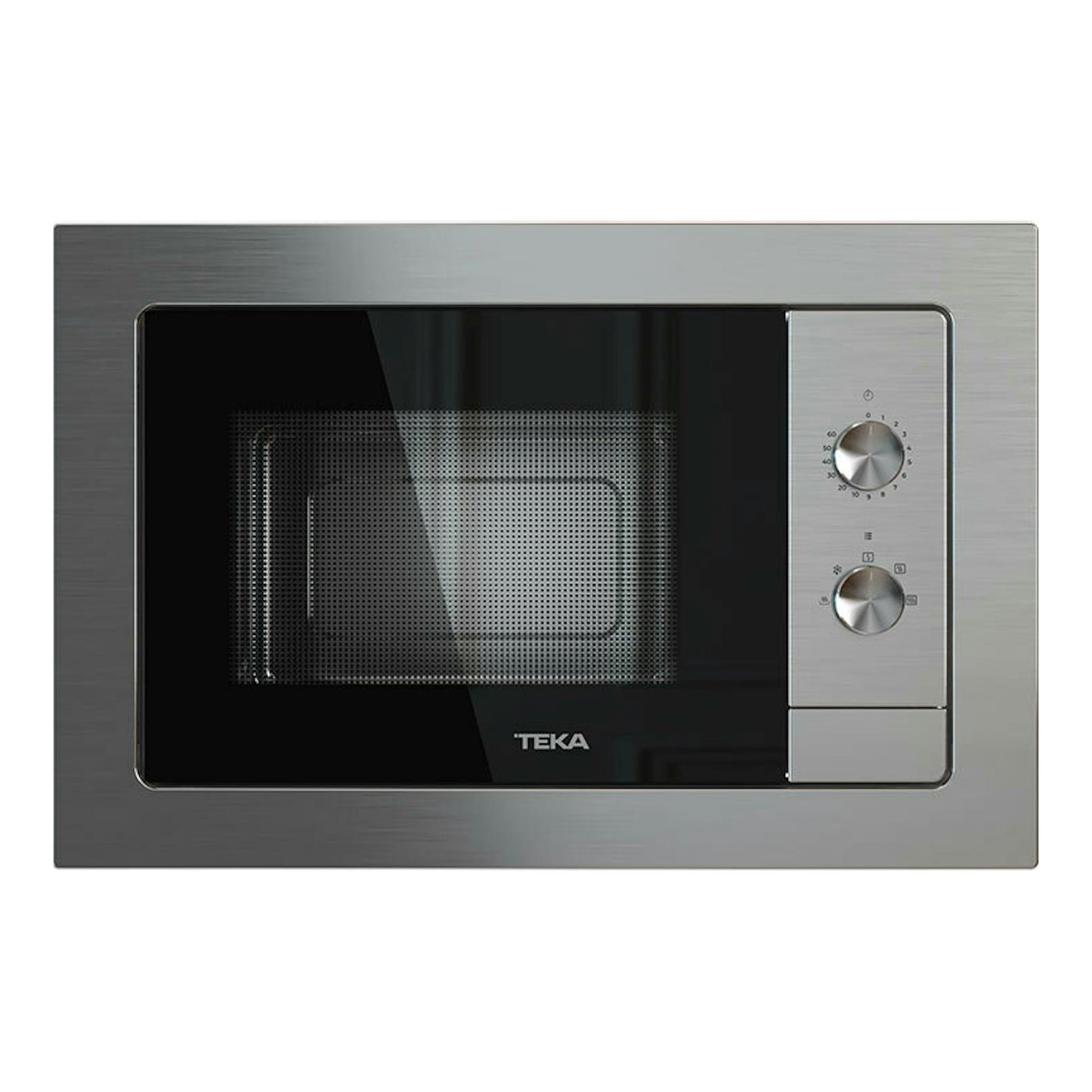 Microondas integrable Teka MB6200BI inox, vista frontal, con puerta negra y dos mandos plateados.