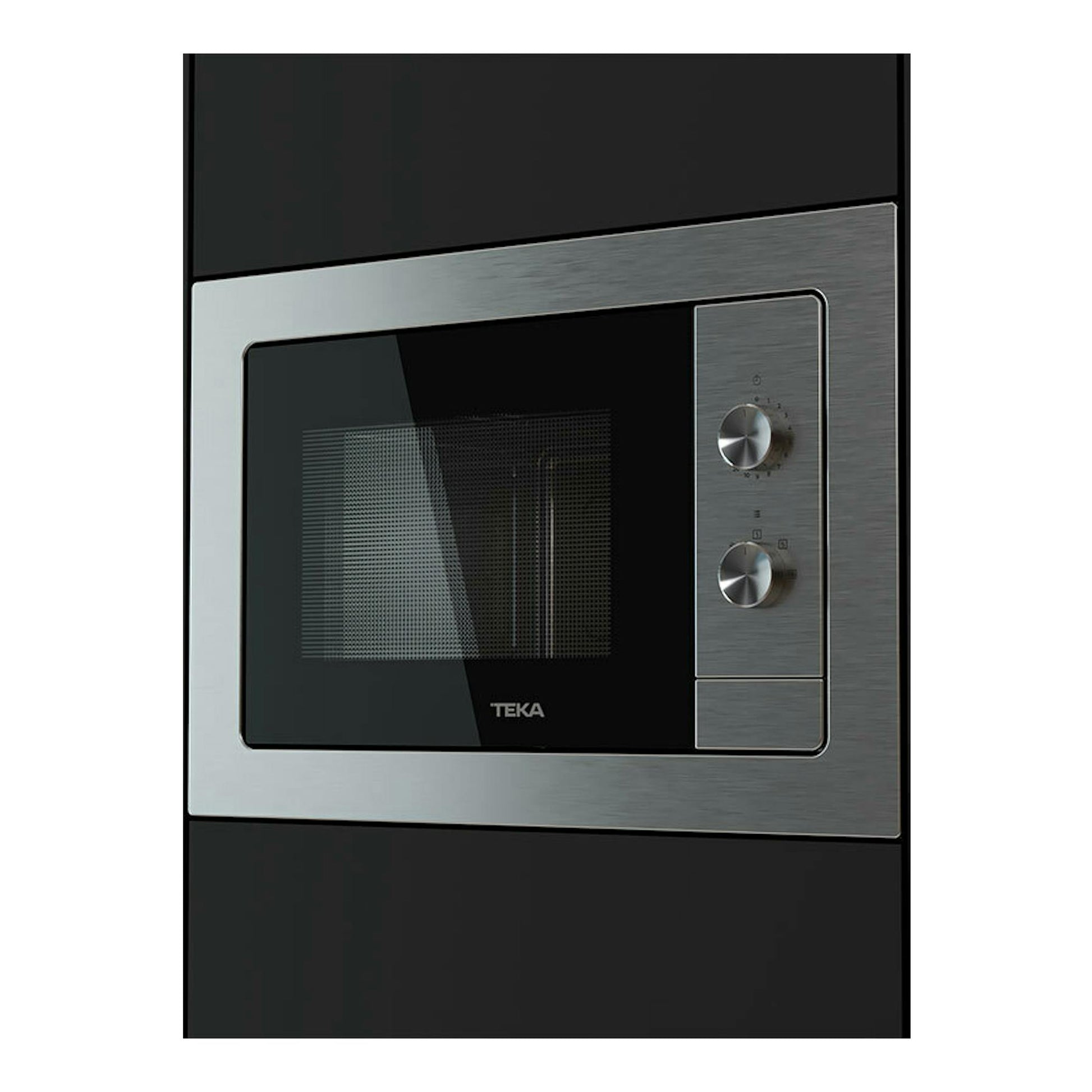 Microondas integrable Teka MB6200BI inox, vista frontal, con puerta negra y marco plateado.