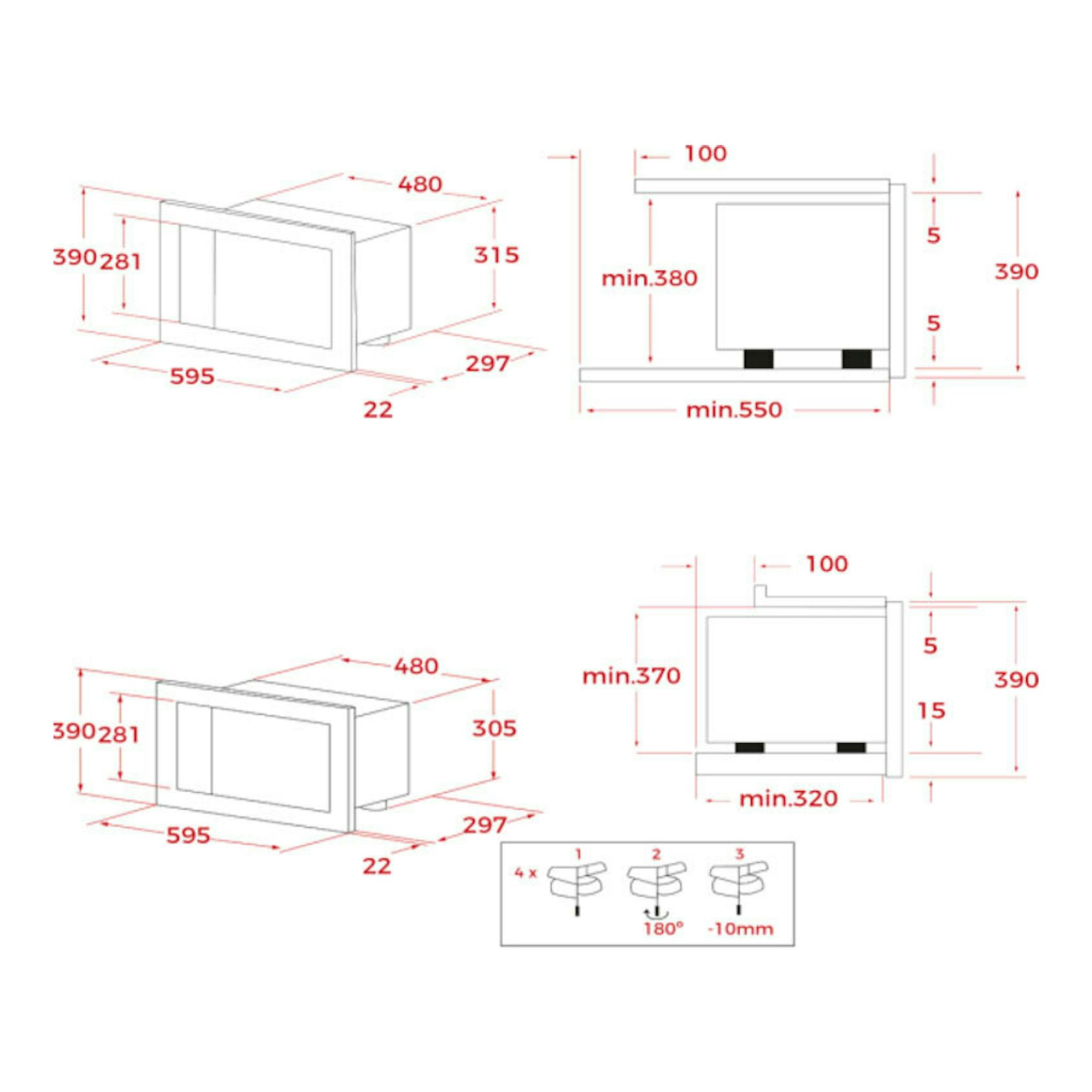 Plano técnico del microondas integrable Teka ML8210BIS, blanco, con vistas frontal y lateral y medidas.