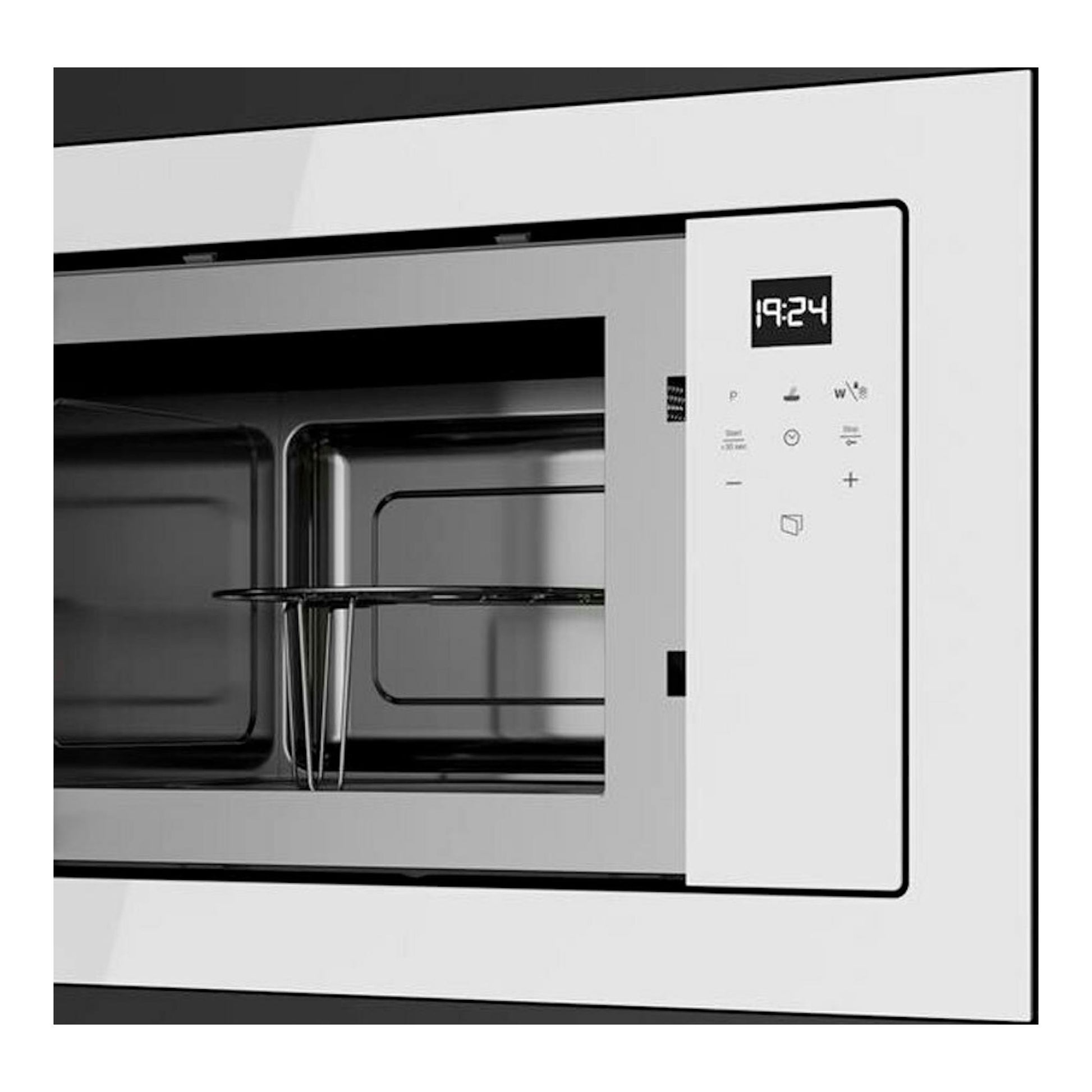 Microondas integrable Teka ML8210BIS blanco, vista frontal con puerta abierta y panel digital.