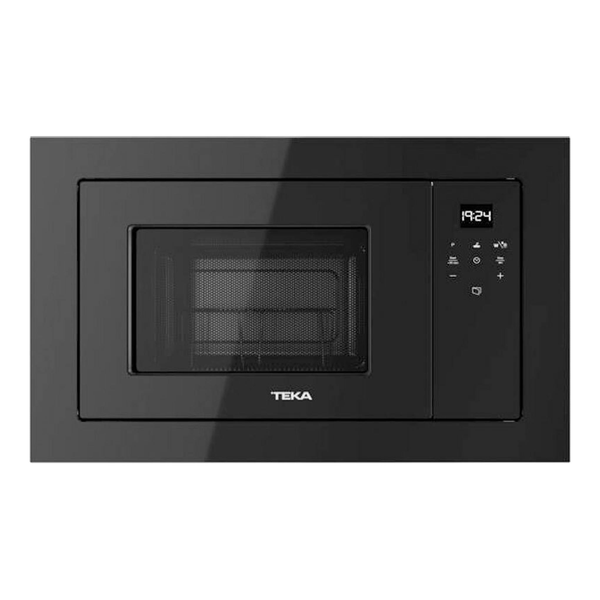 Microondas integrable Teka ML8210BIS en cristal negro, vista frontal con pantalla digital.