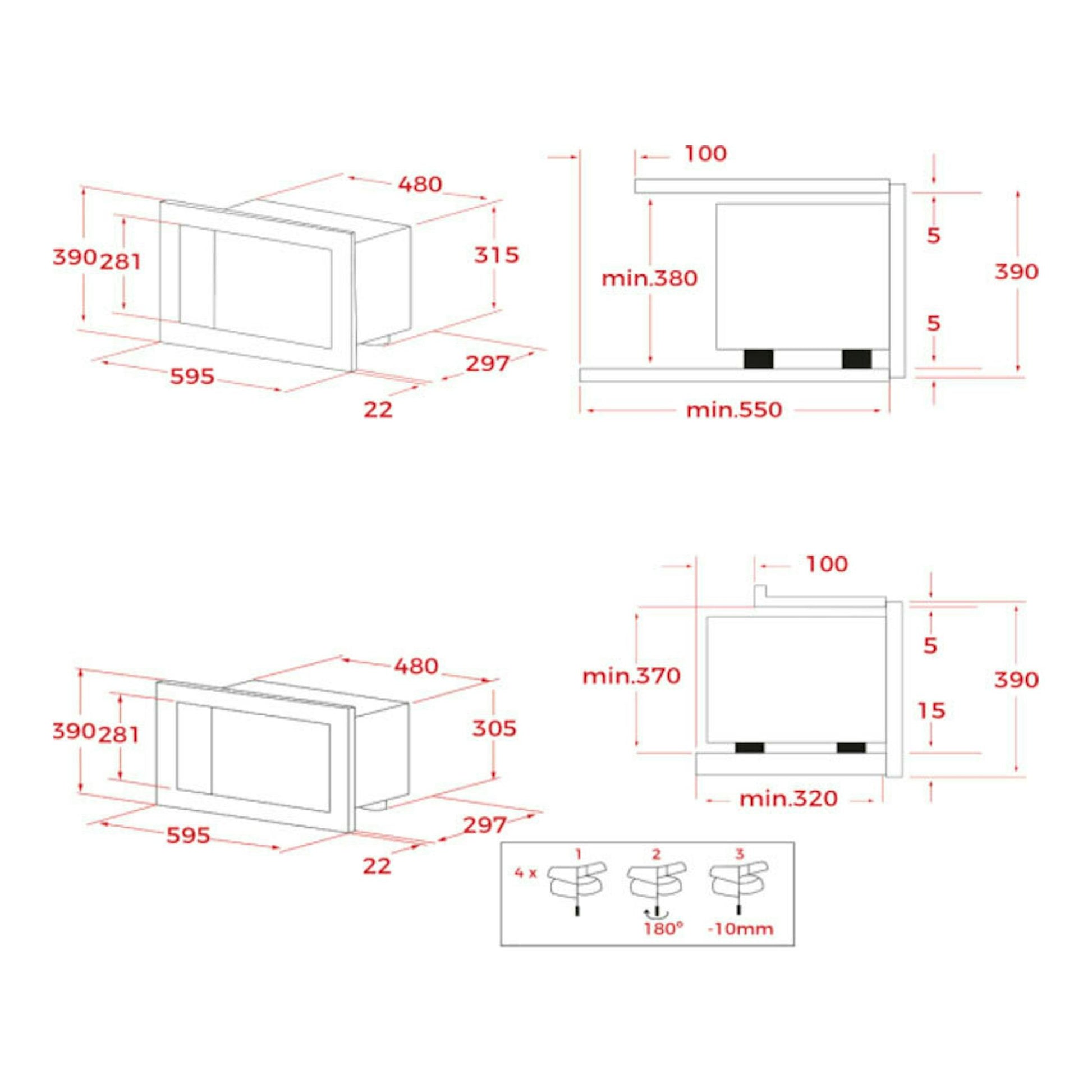 Teka ML8210BIS, esquema técnico en blanco y rojo de microondas integrable de cristal negro con medidas.