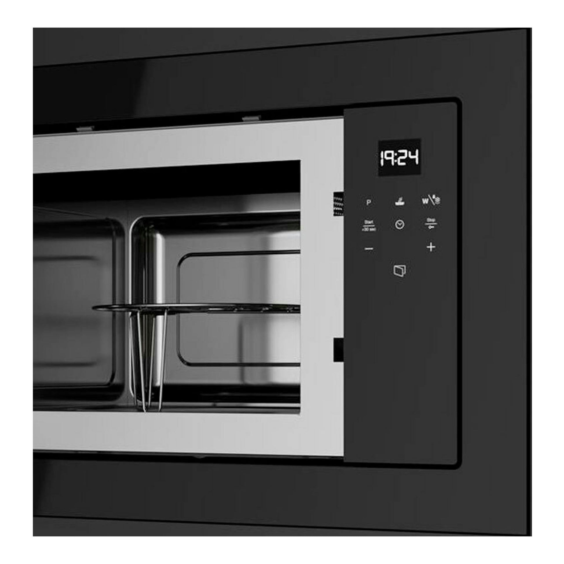 Microondas integrable Teka ML8210BIS en cristal negro, vista frontal con panel táctil y display digital.