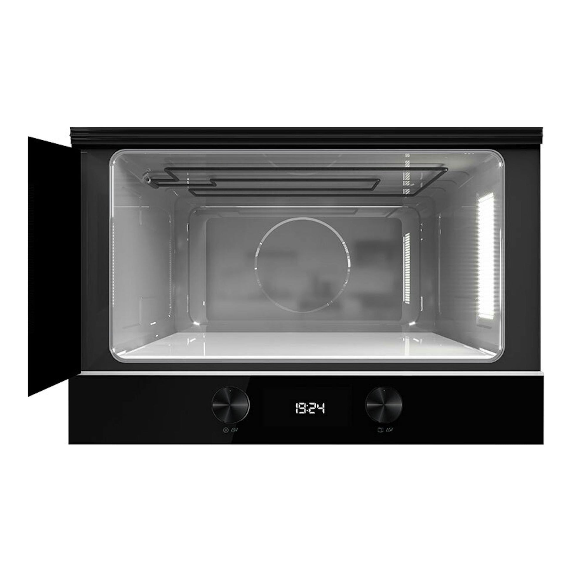 Microondas integrable Teka ML8220BIS L negro, vista frontal con puerta abierta y panel digital.