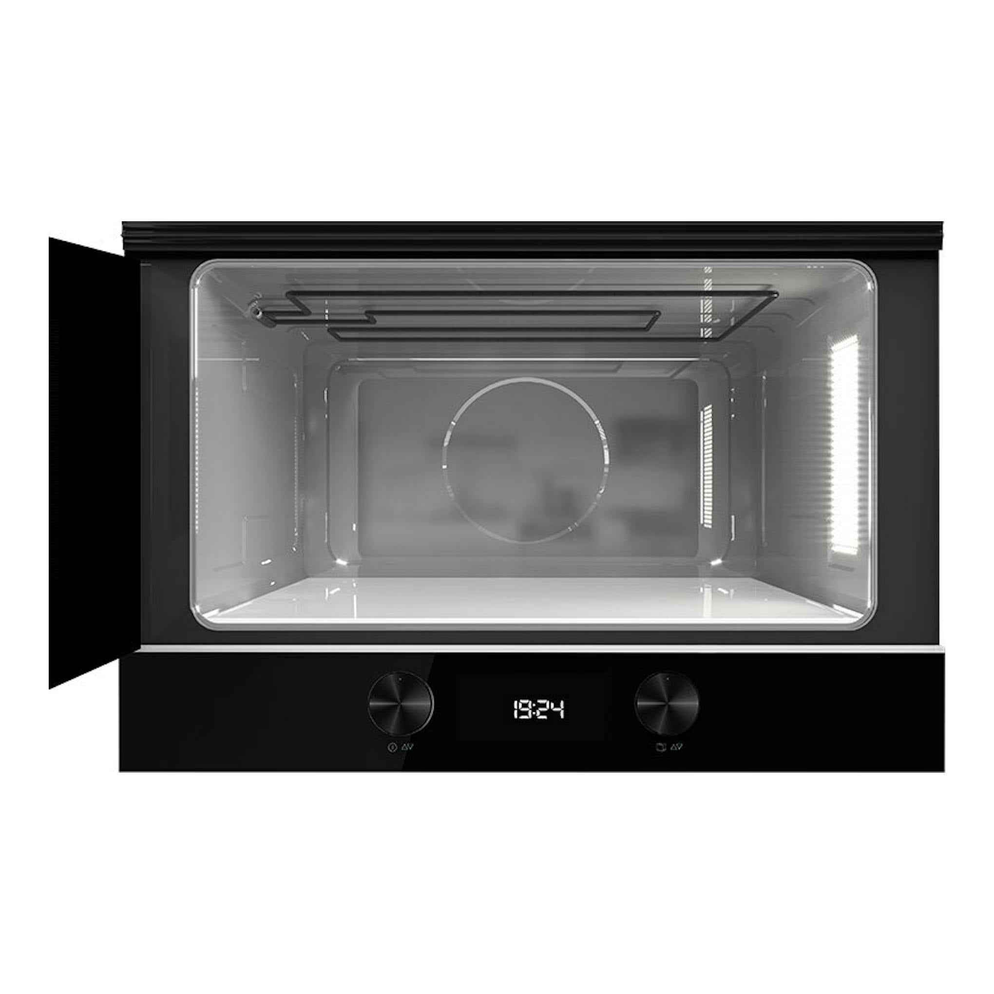 Microondas integrable Teka ML8220BIS L negro, vista frontal con puerta abierta y panel digital.