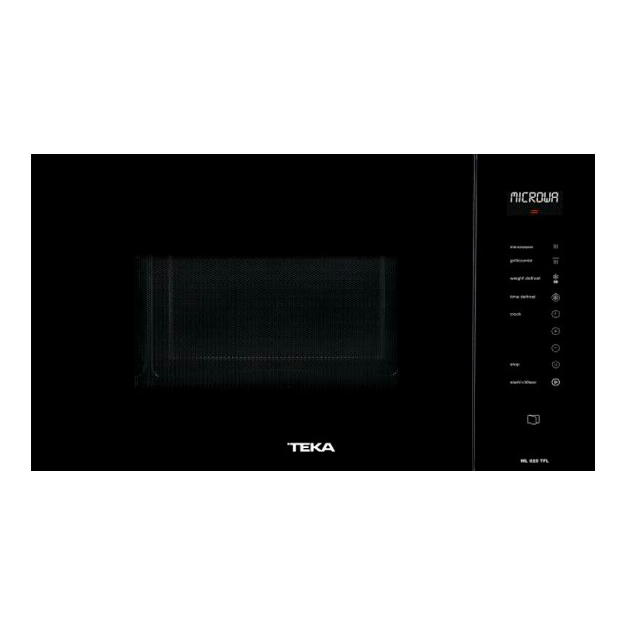 Microondas integrable Teka ML825 de cristal negro, vista frontal, con panel táctil a la derecha.