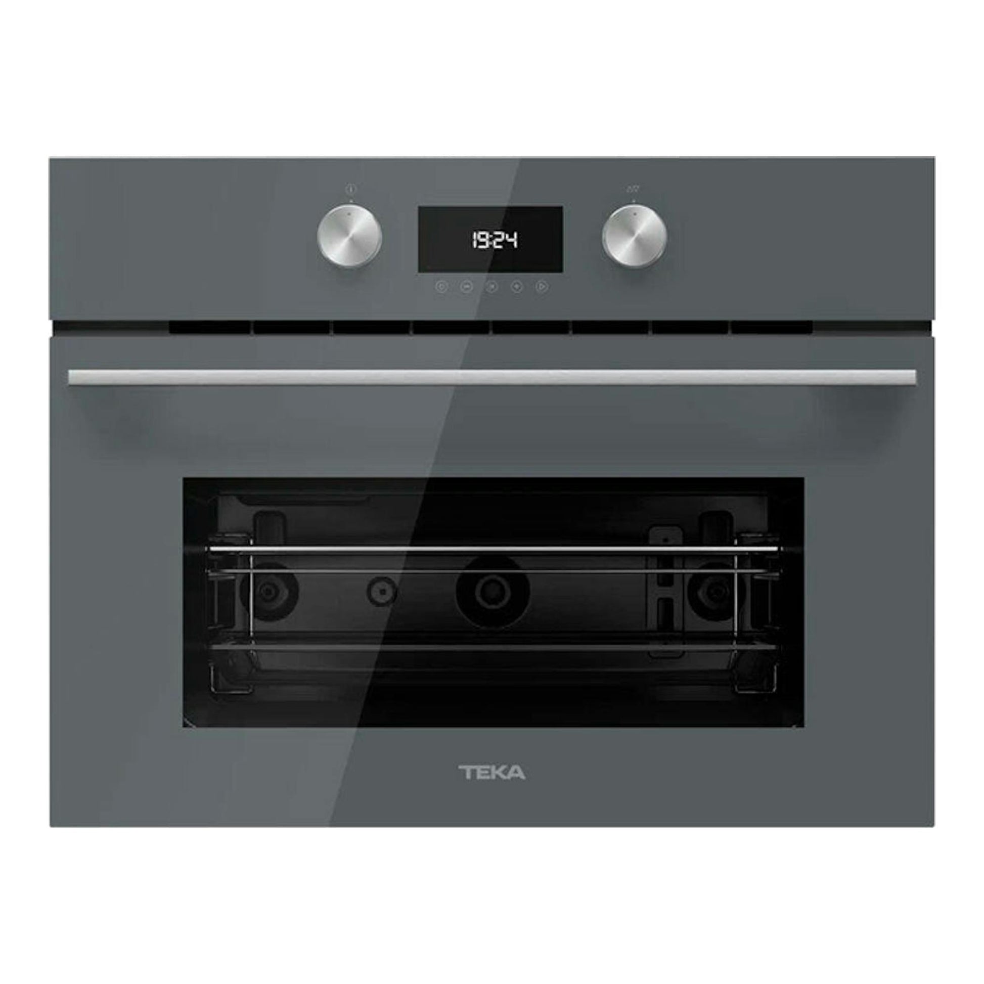 Microondas integrable Teka MLC8440 gris, vista frontal, con panel digital, dos mandos y puerta de cristal.