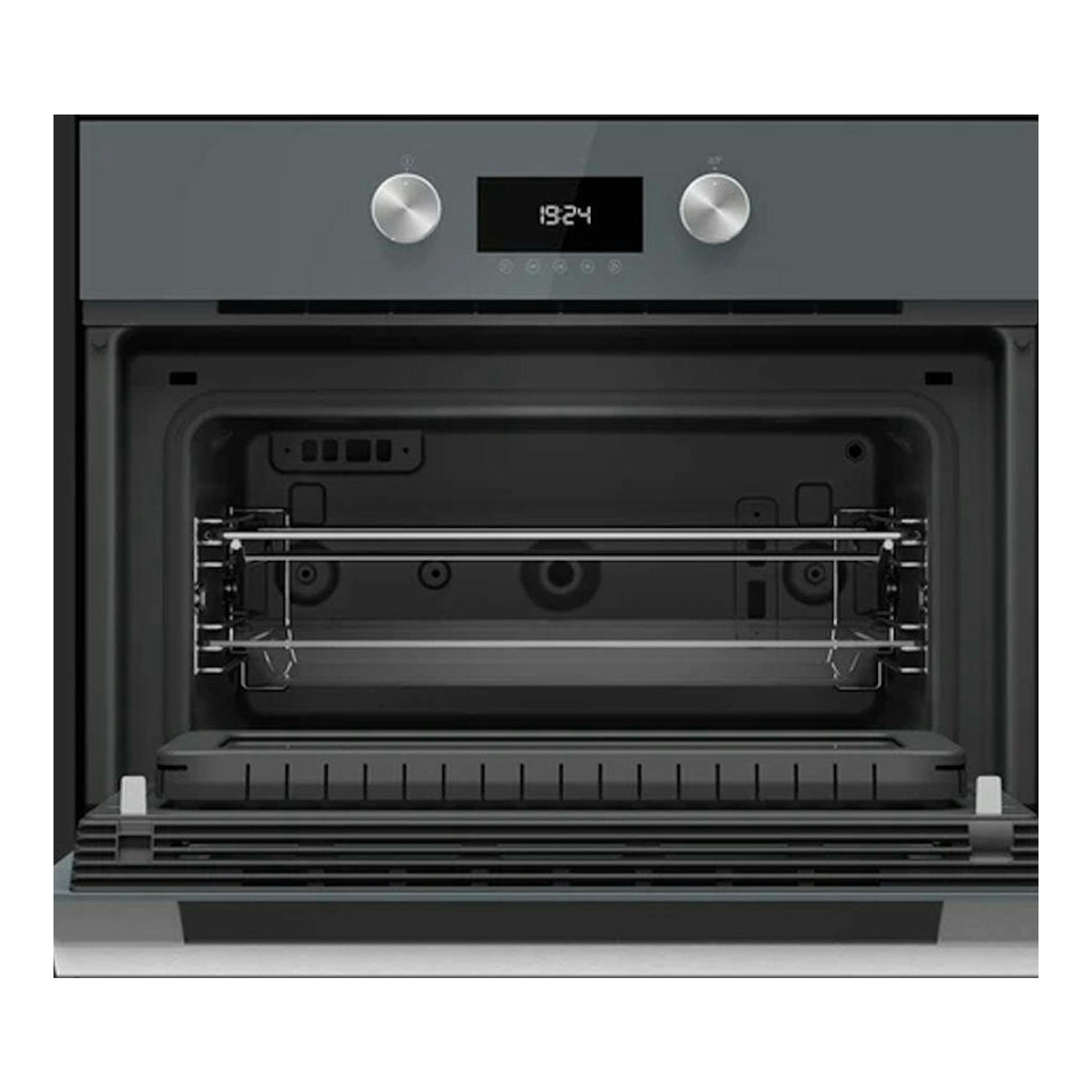 Microondas integrable Teka MLC8440 gris cristal, vista frontal con puerta abierta y panel digital.