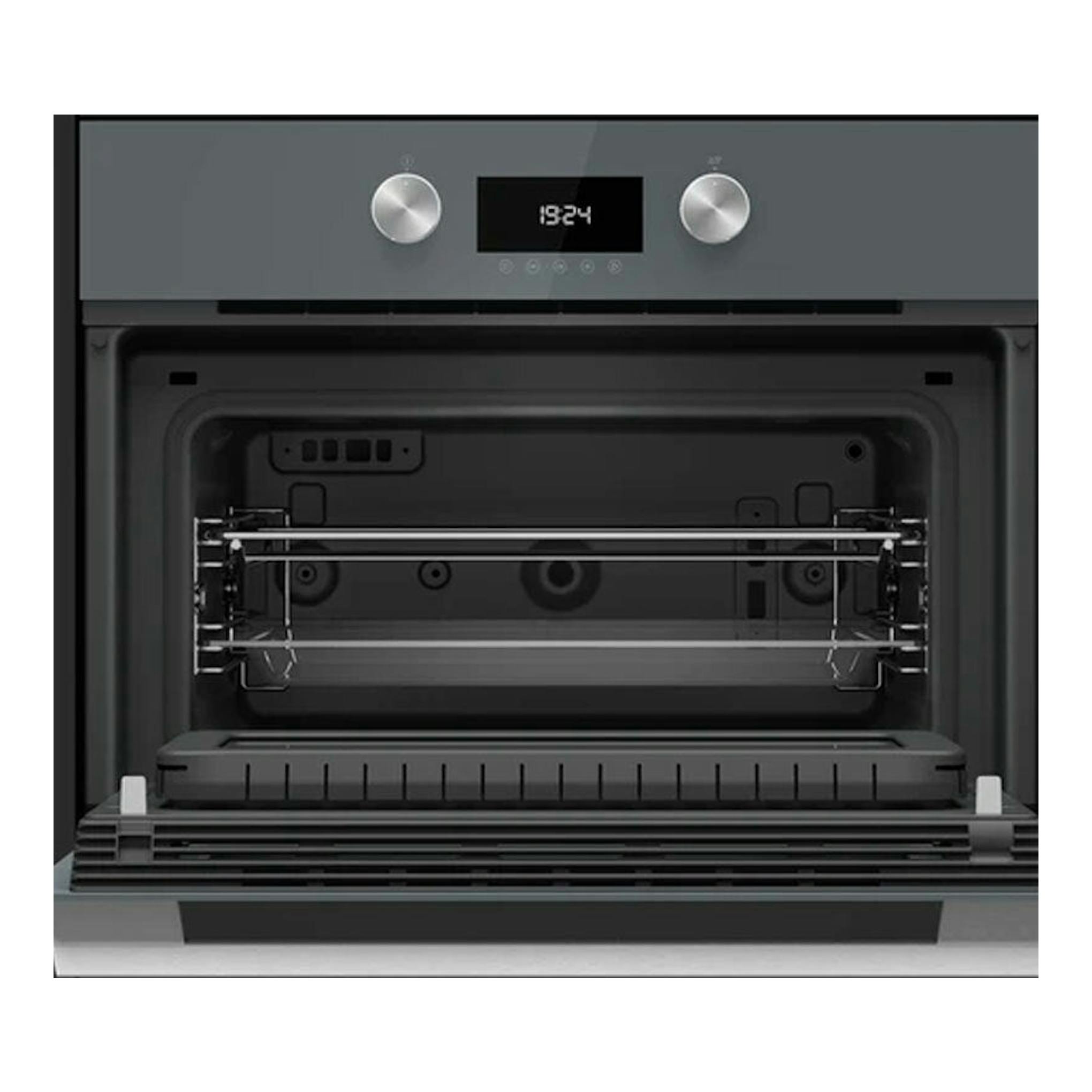 Microondas integrable Teka MLC8440 gris cristal, vista frontal con puerta abierta y panel digital.