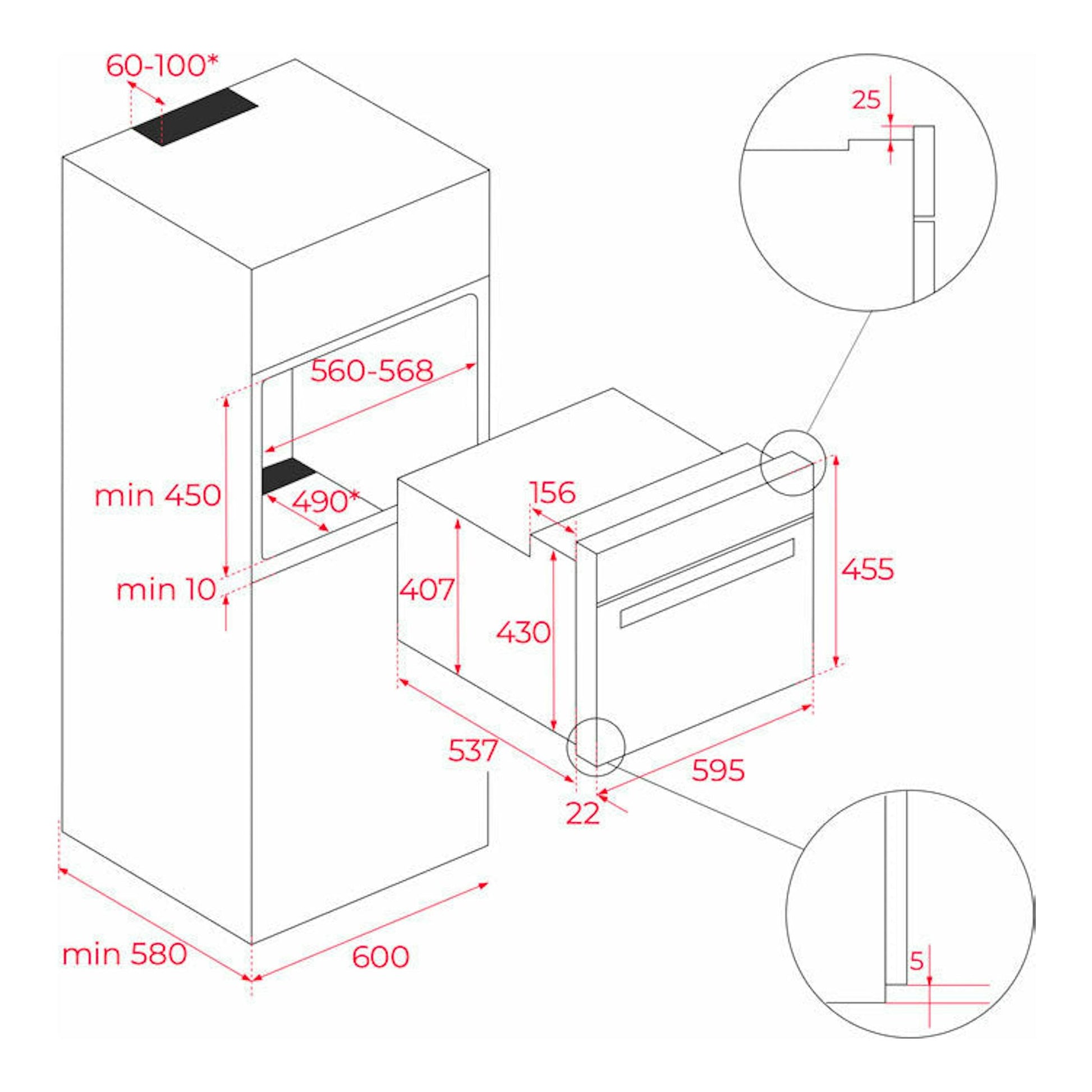 Diagrama técnico del microondas integrable Teka MLC8440 Cristal Gris, vista isométrica con medidas de instalación.