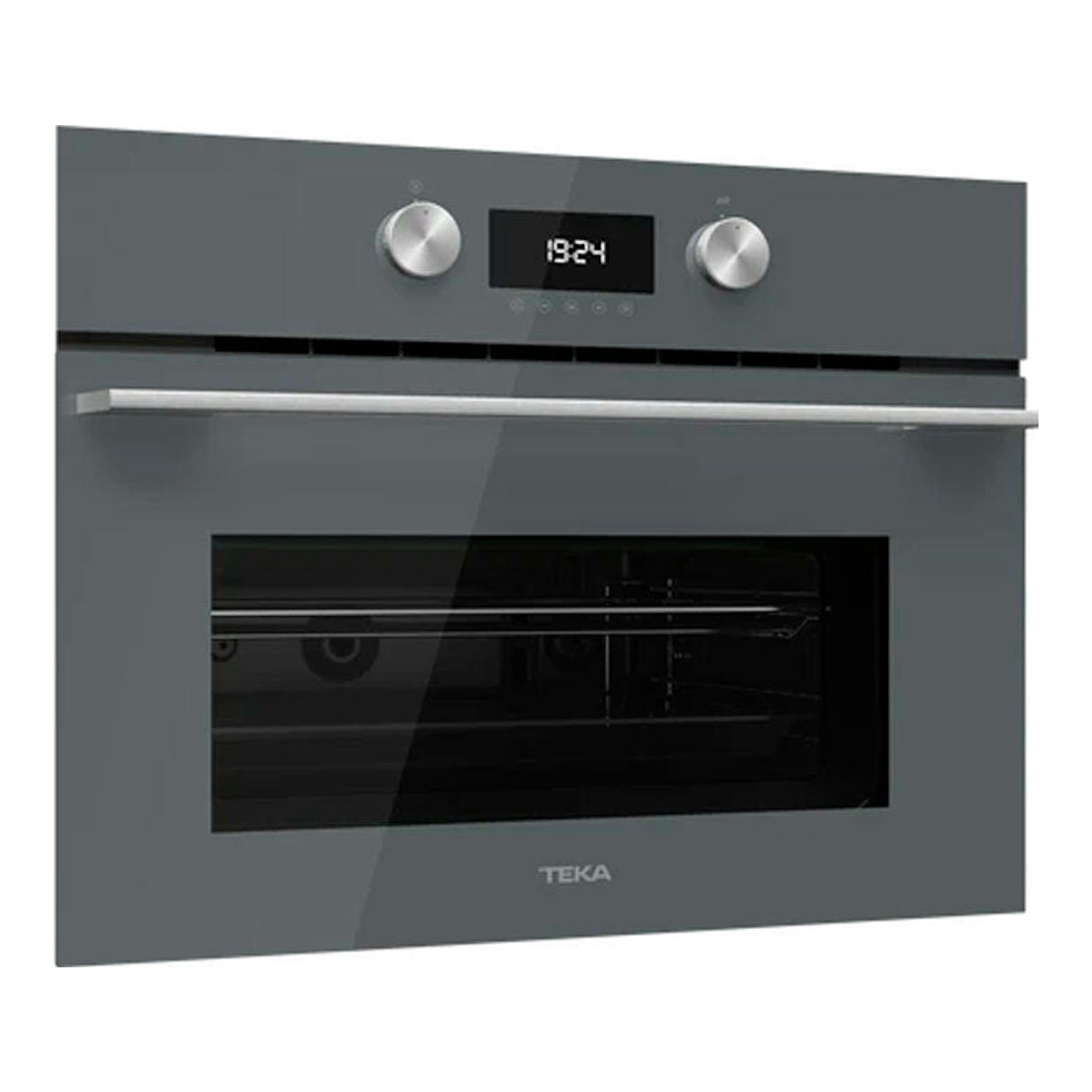 Microondas integrable Teka MLC8440, vista frontal, cristal gris con display y dos mandos plateados.