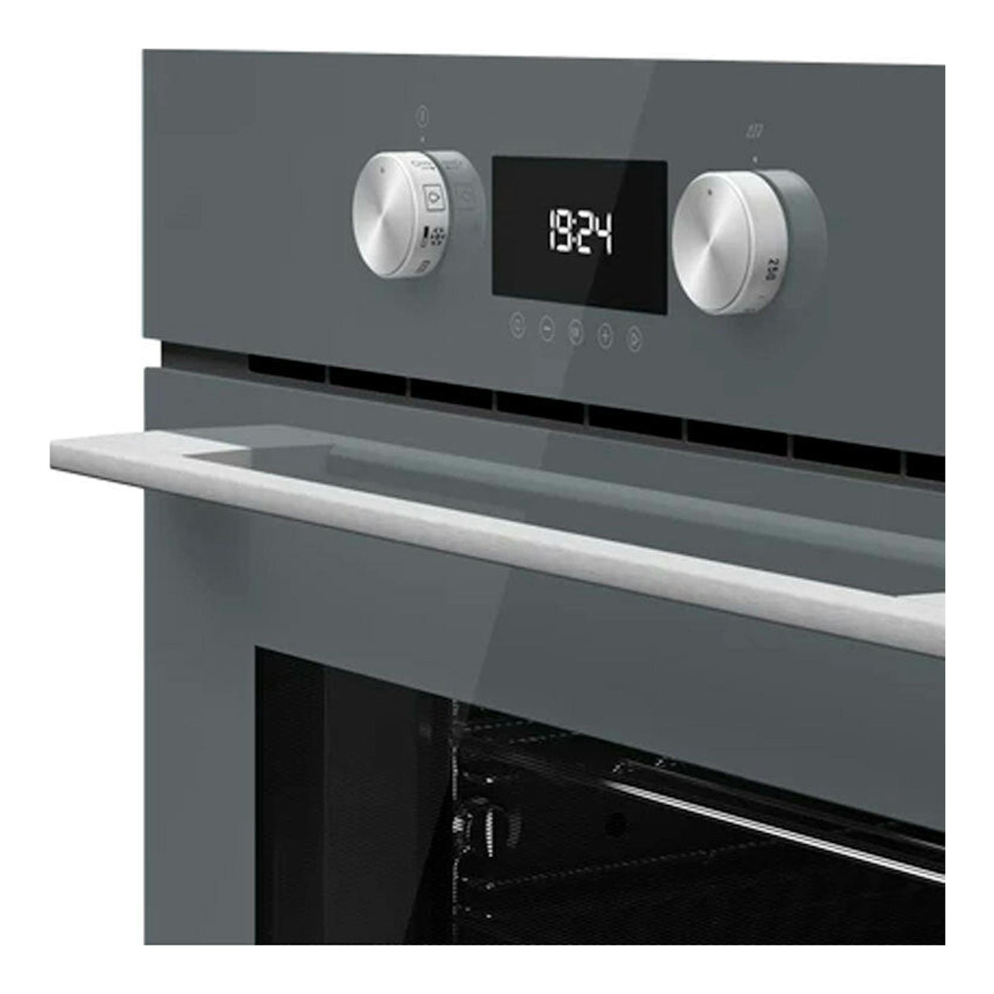 Microondas integrable Teka MLC8440 en cristal gris, vista frontal parcial, con dos mandos y display digital.