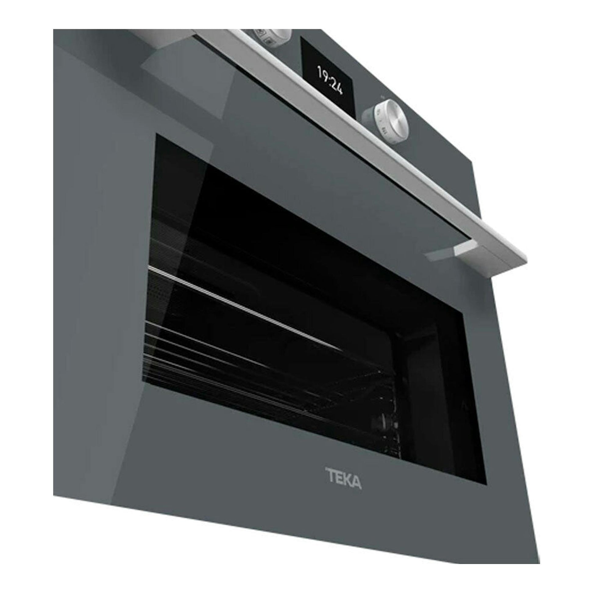 Microondas integrable Teka MLC8440 en cristal gris, vista frontal en ángulo, con puerta negra y panel superior.