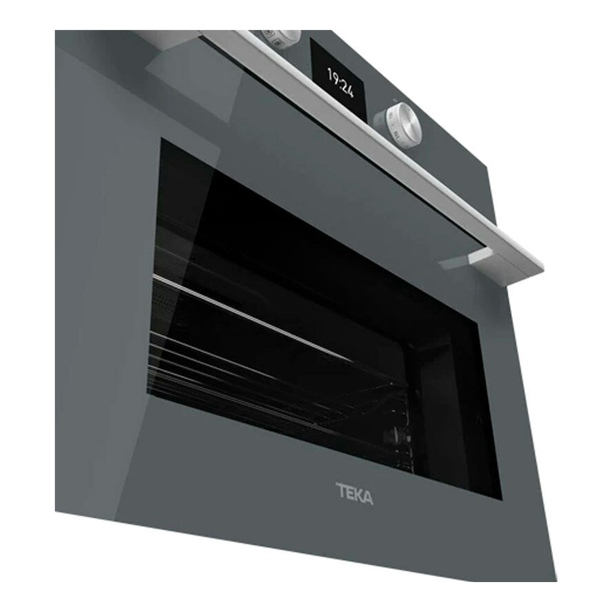 Microondas integrable Teka MLC8440 en cristal gris, vista frontal en ángulo, con puerta negra y panel superior.