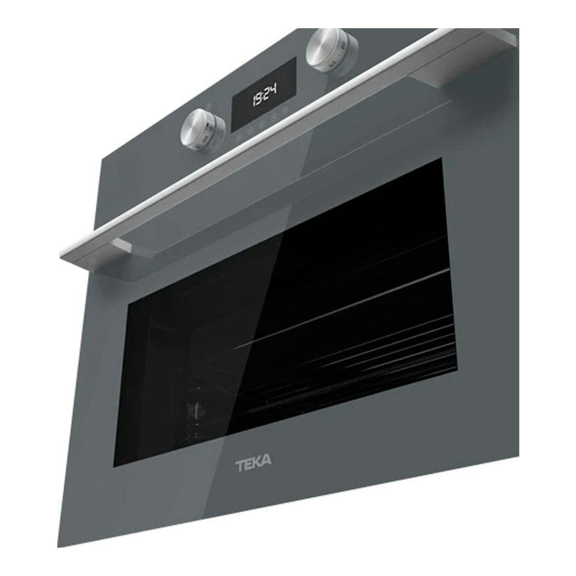 Microondas integrable Teka MLC8440 en cristal gris, vista frontal inclinada, con puerta negra y dos mandos.