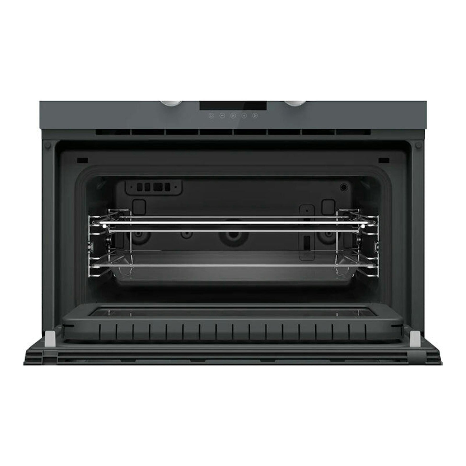 Microondas integrable Teka MLC8440 en cristal gris, vista frontal con puerta abatida e interior negro.