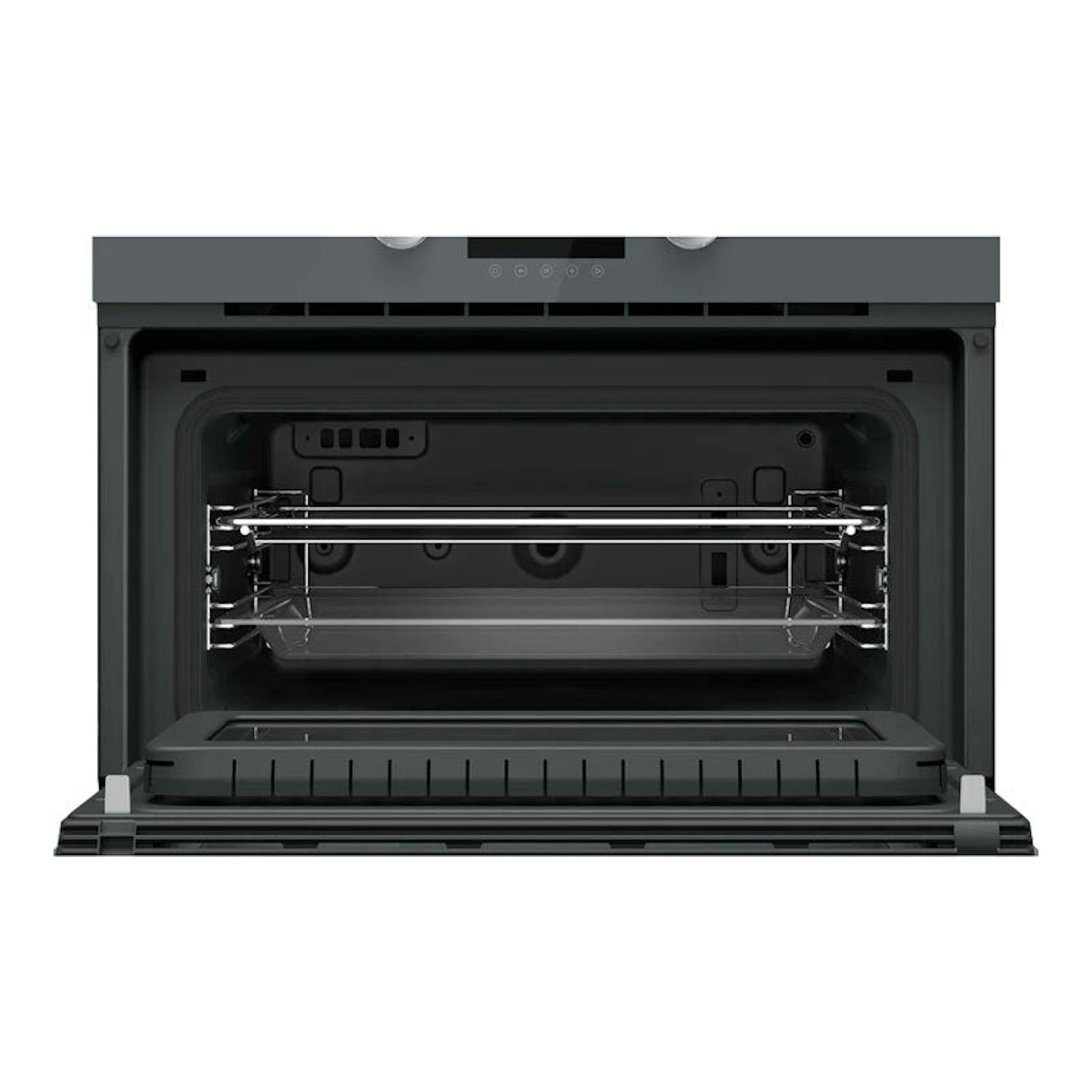Microondas integrable Teka MLC8440 en cristal gris, vista frontal con puerta abatida e interior negro.
