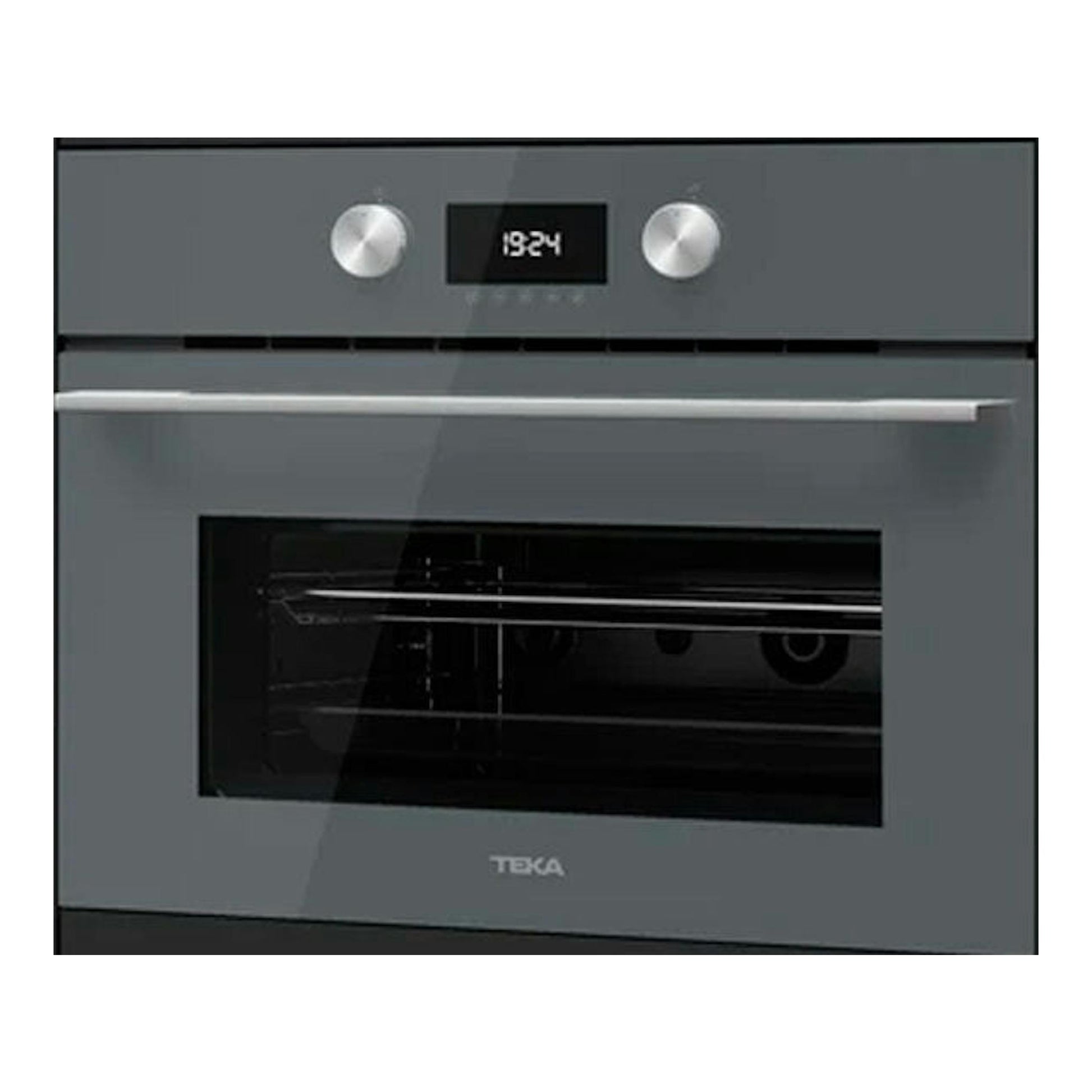 Microondas integrable Teka MLC8440, vista frontal, en cristal gris y negro, con display y mandos.