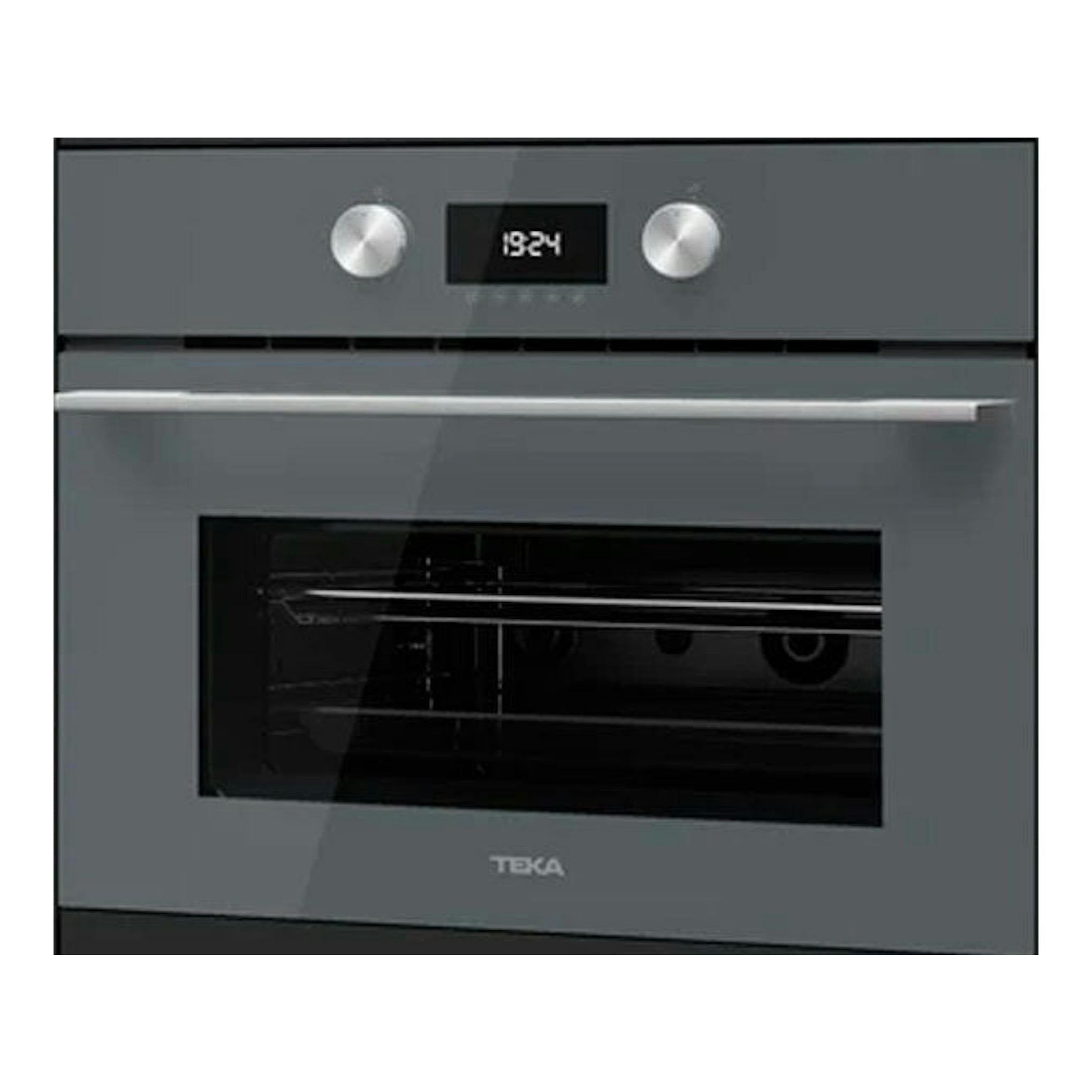 Microondas integrable Teka MLC8440, vista frontal, en cristal gris y negro, con display y mandos.