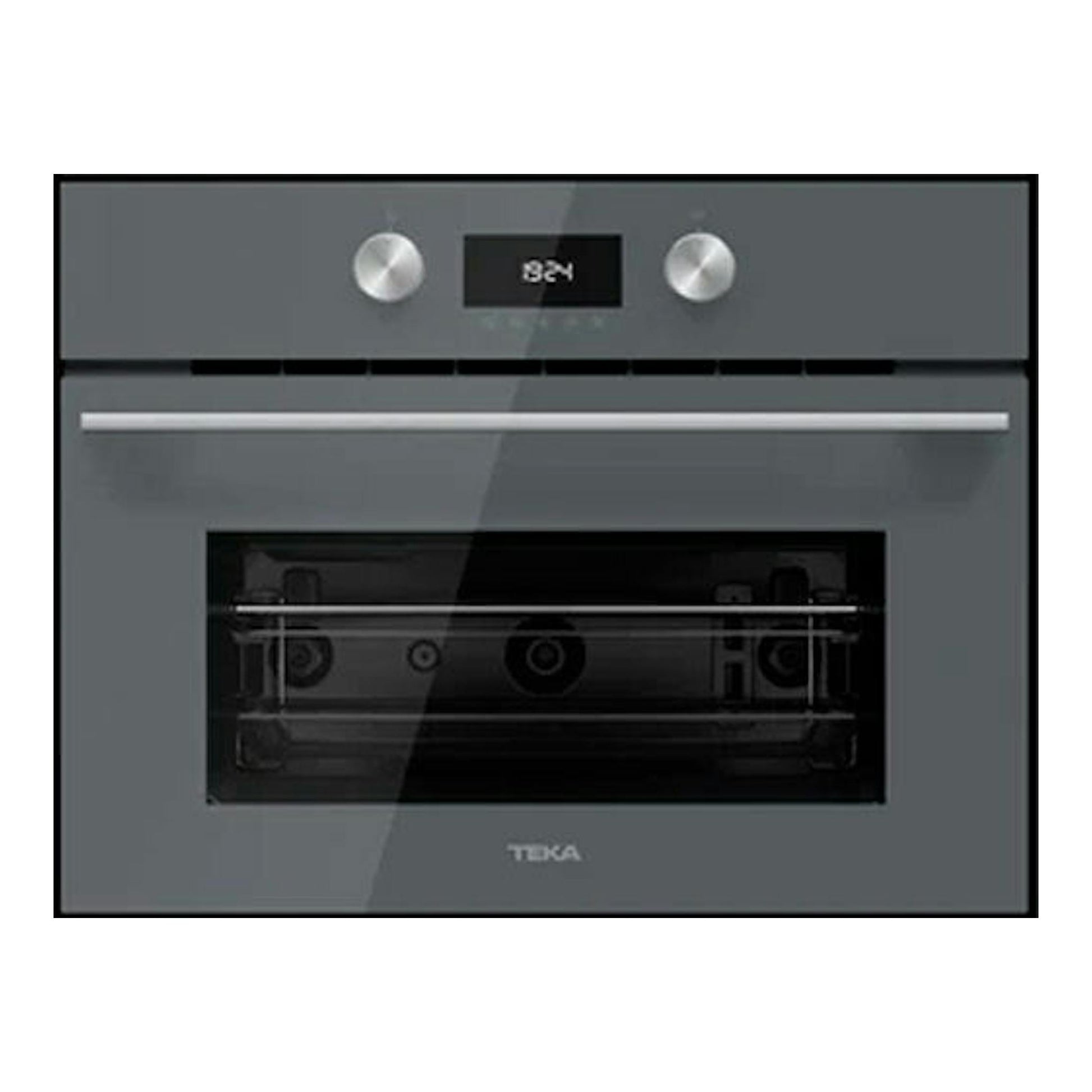 Microondas integrable Teka MLC8440 en cristal gris, vista frontal empotrada con panel digital y dos mandos.