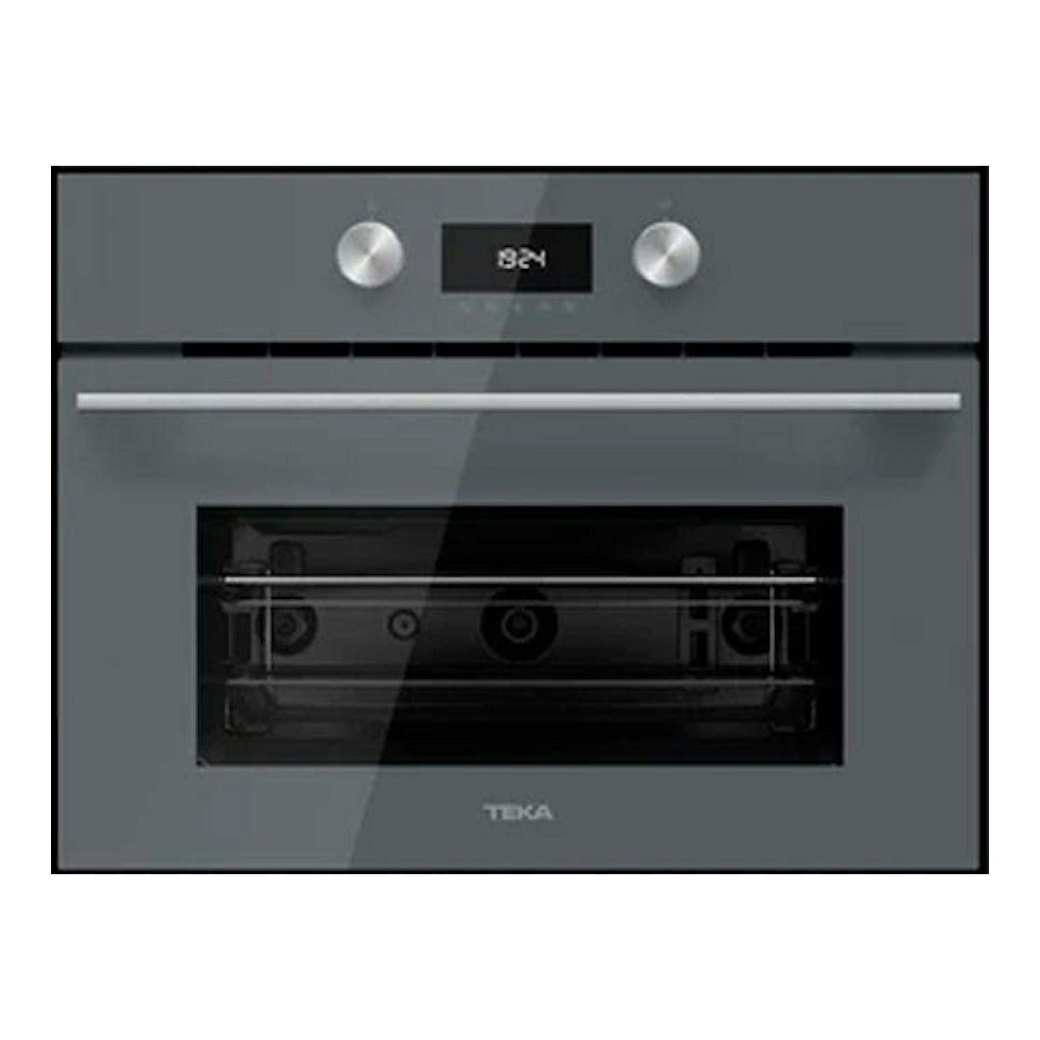 Microondas integrable Teka MLC8440 en cristal gris, vista frontal empotrada con panel digital y dos mandos.