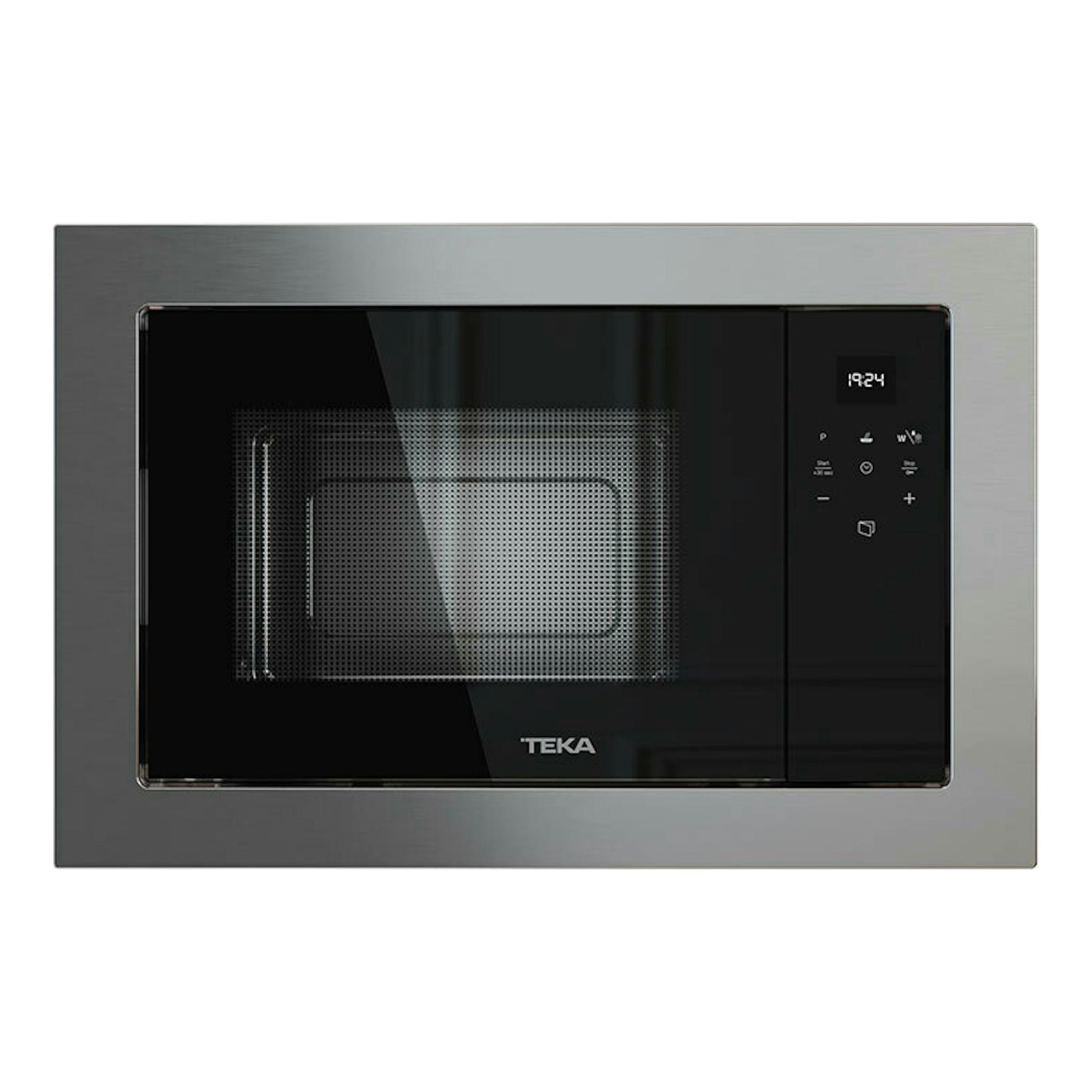 Microondas integrable Teka MS6200BIS en acero inoxidable, vista frontal, puerta negra y panel táctil a la derecha.
