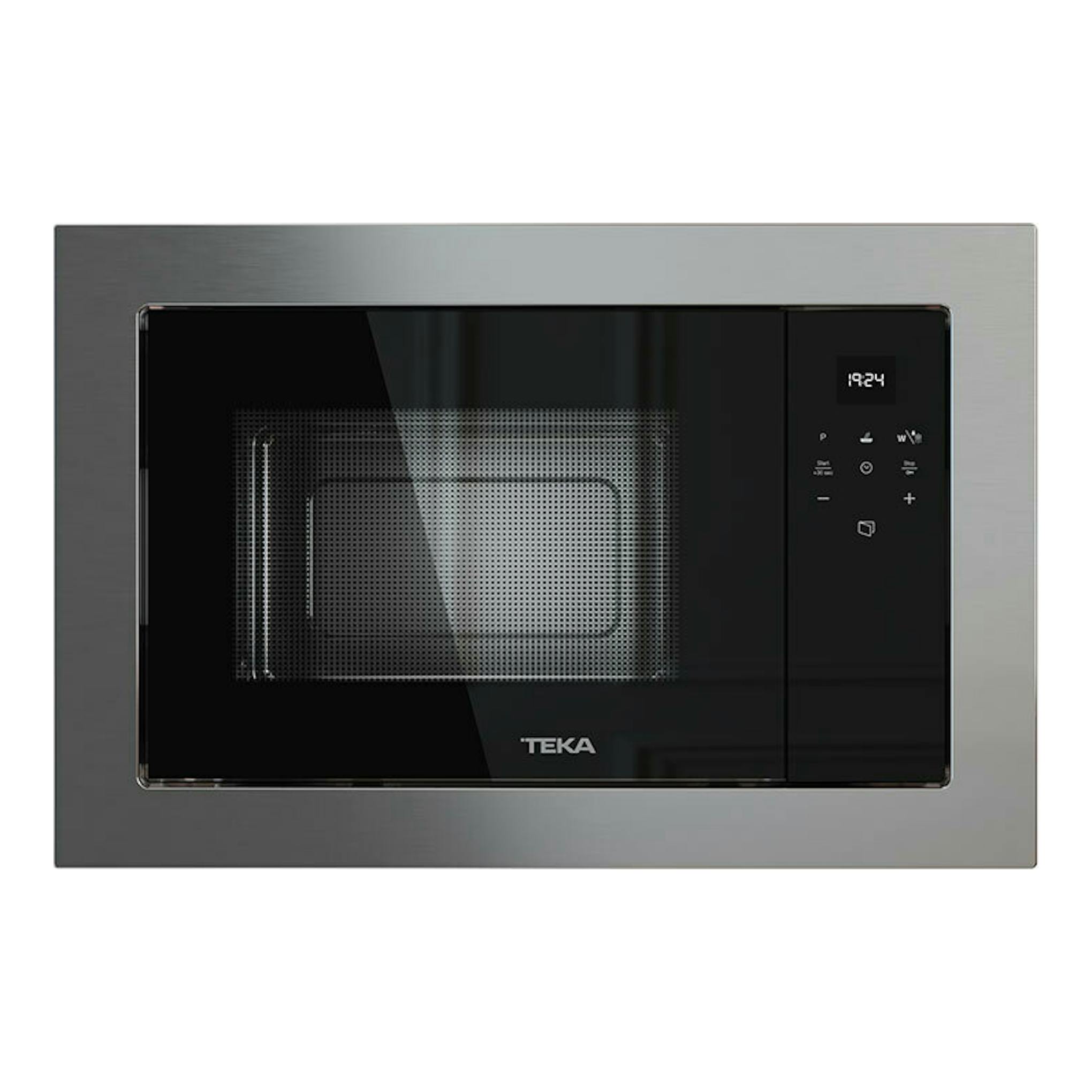 Microondas integrable Teka MS6200BIS en acero inoxidable, vista frontal, puerta negra y panel táctil a la derecha.