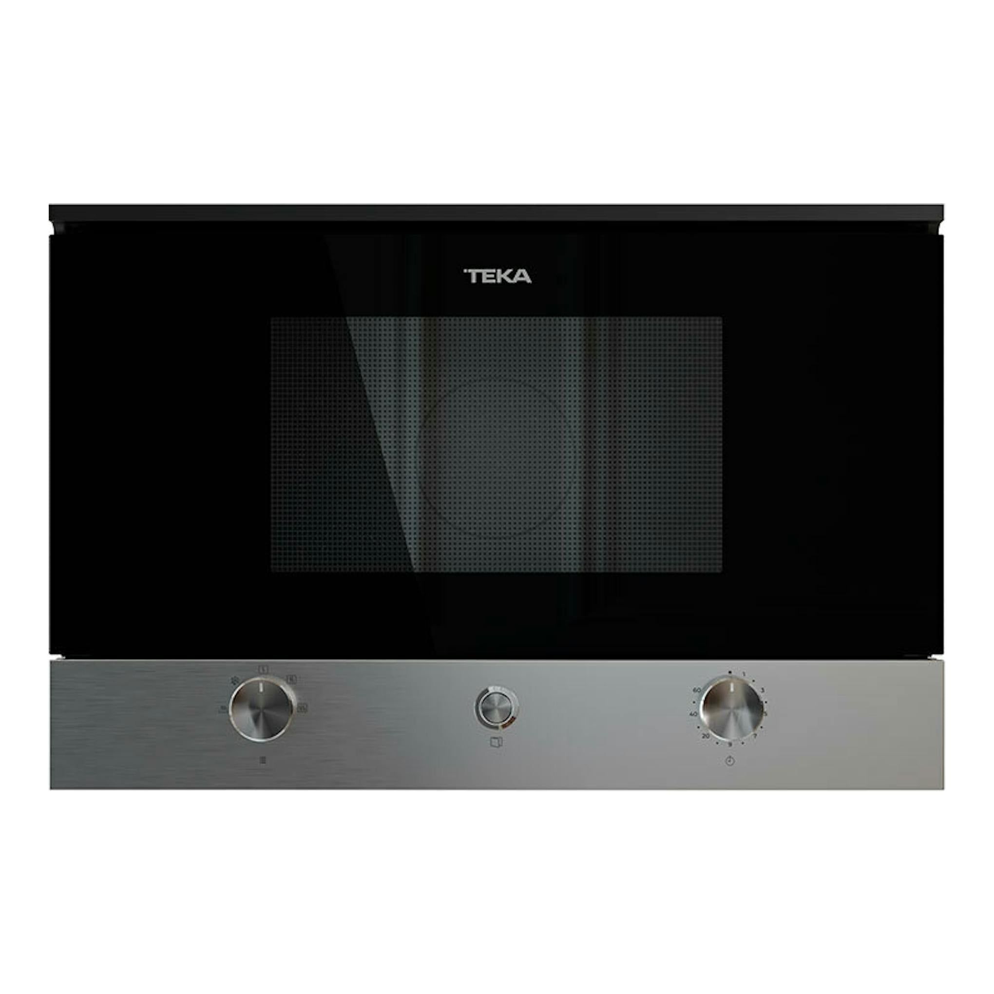 Microondas integrable Teka MS6220BI L, frontal negro con panel inferior inox y tres mandos.