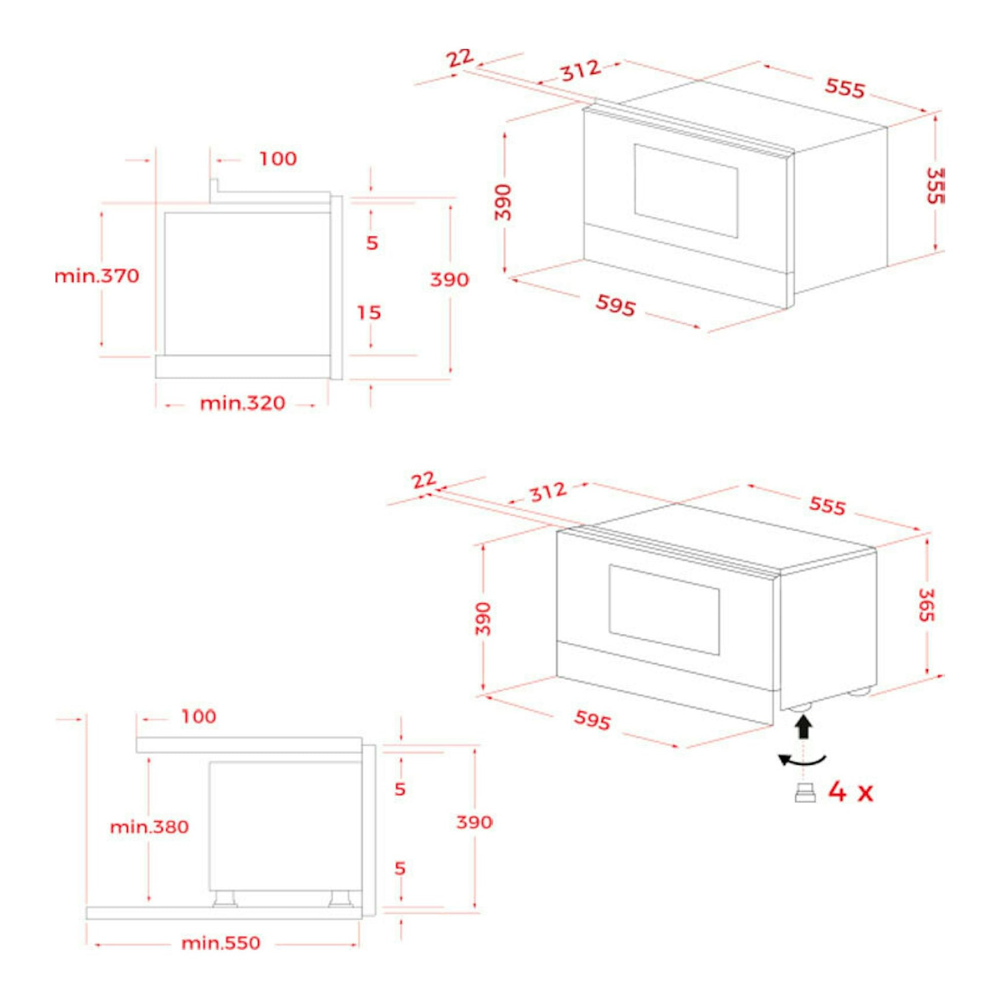 Diagrama técnico del microondas integrable Teka MS6220BI L Inox, con vistas frontal y 3D y medidas en mm.