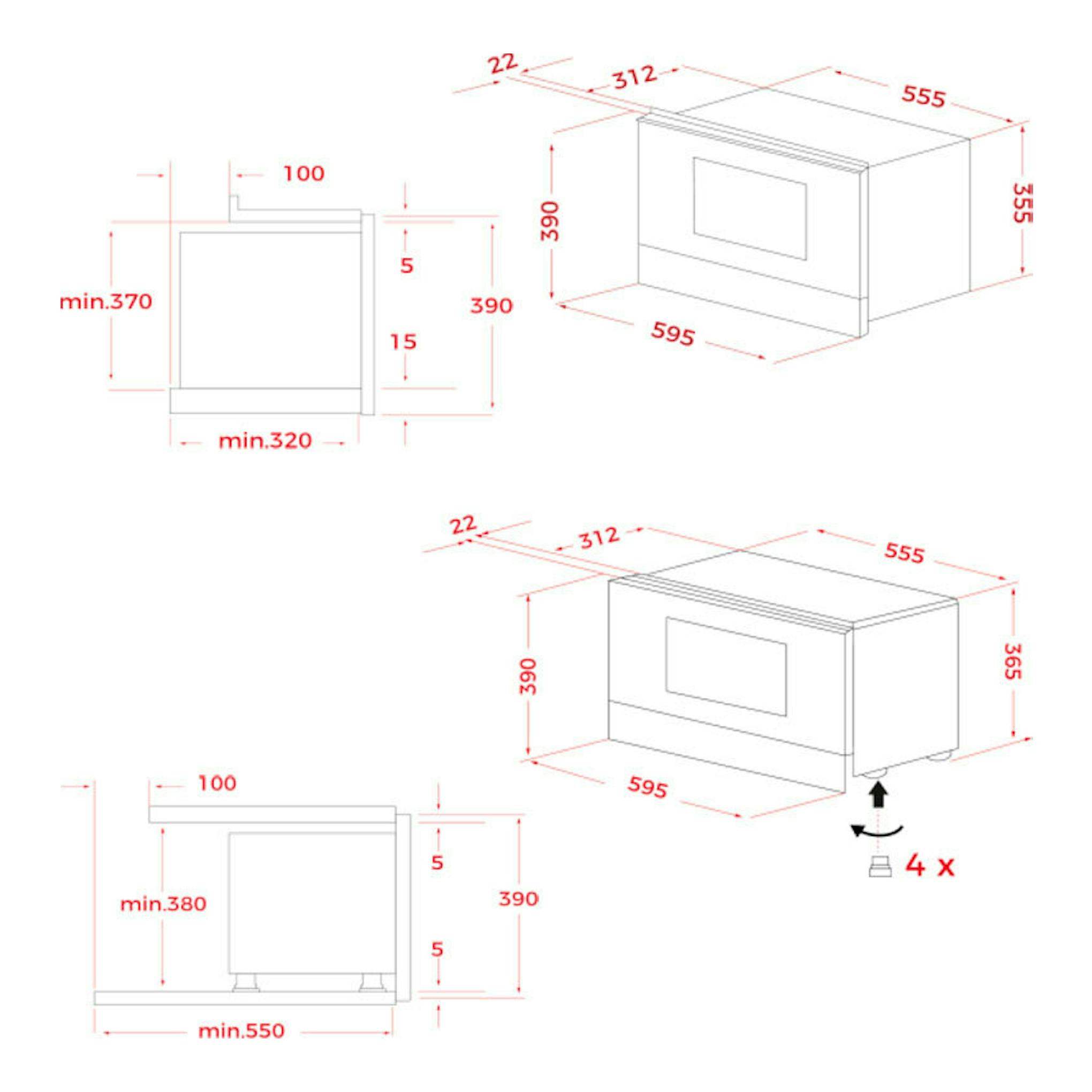 Diagrama técnico del microondas integrable Teka MS6220BI L Inox, con vistas frontal y 3D y medidas en mm.