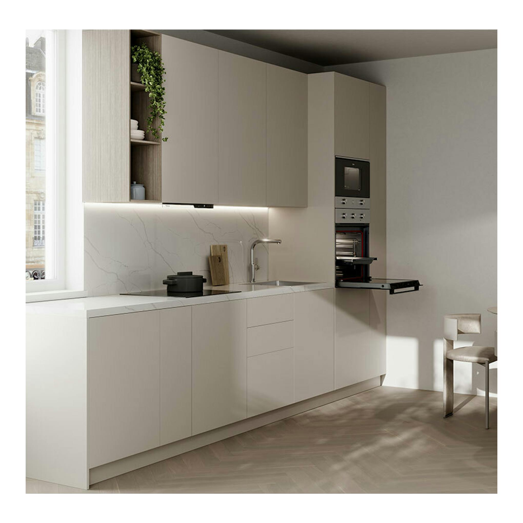 Microondas integrable Teka MS6220BI L Inox, visto de frente en mueble alto, con puerta abatible abierta.