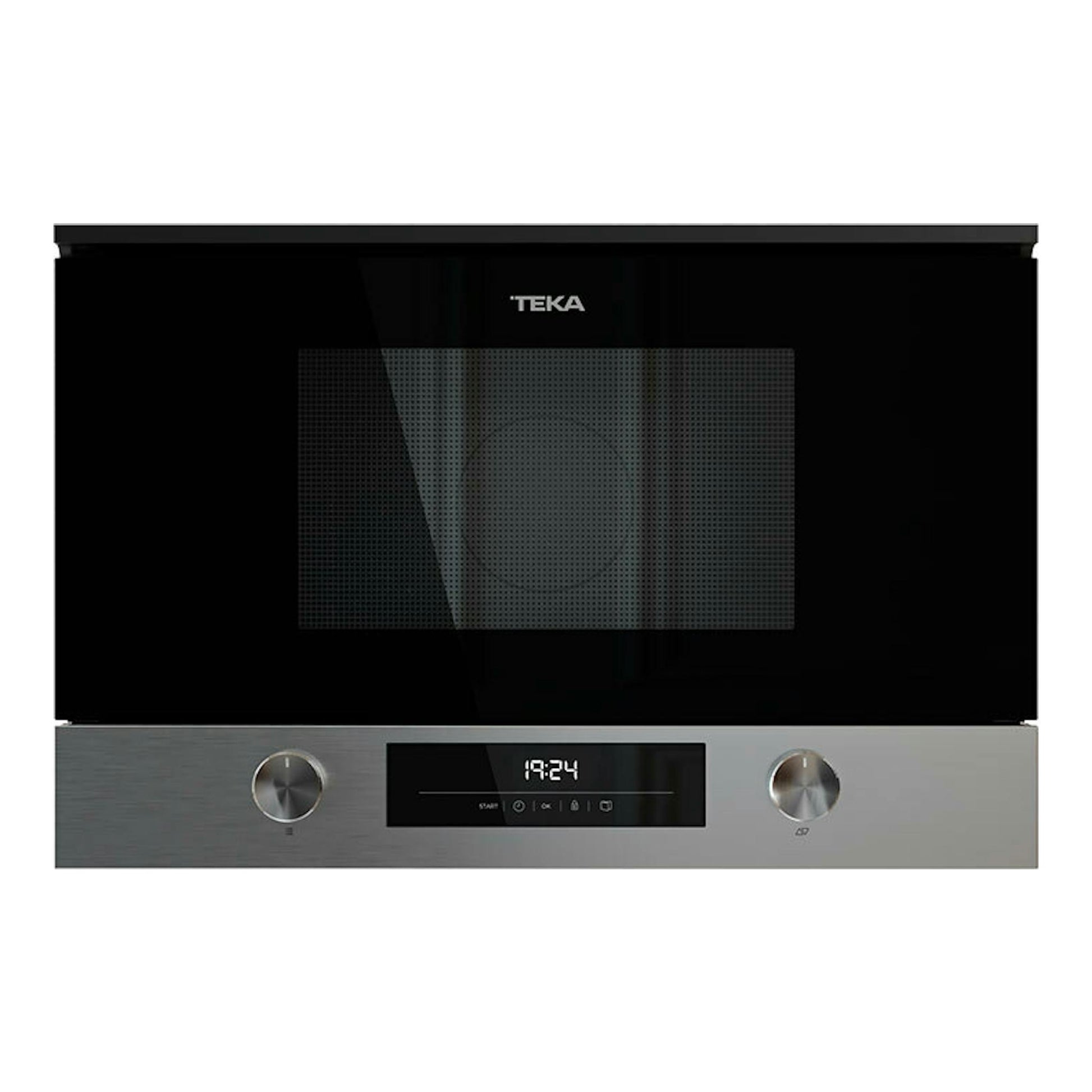 Microondas integrable Teka MS6220BIS L, vista frontal, puerta negra y panel inferior de acero inoxidable.