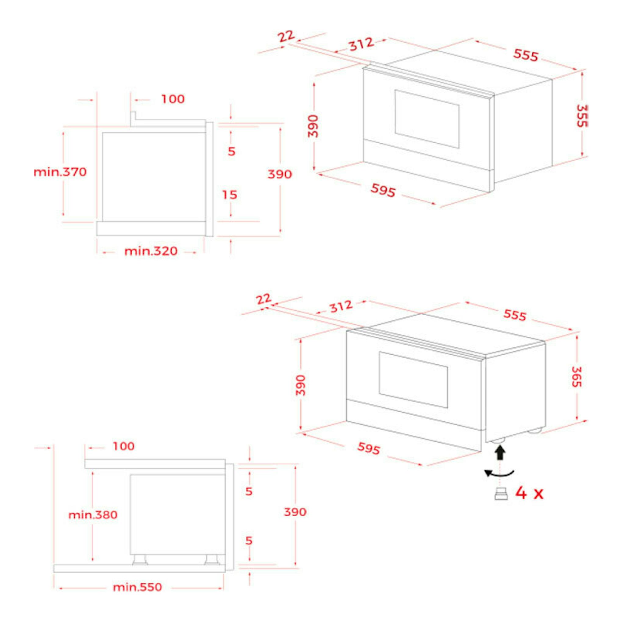 Diagrama técnico del microondas integrable Teka MS6220BIS L Inox con medidas de instalación y vistas laterales.