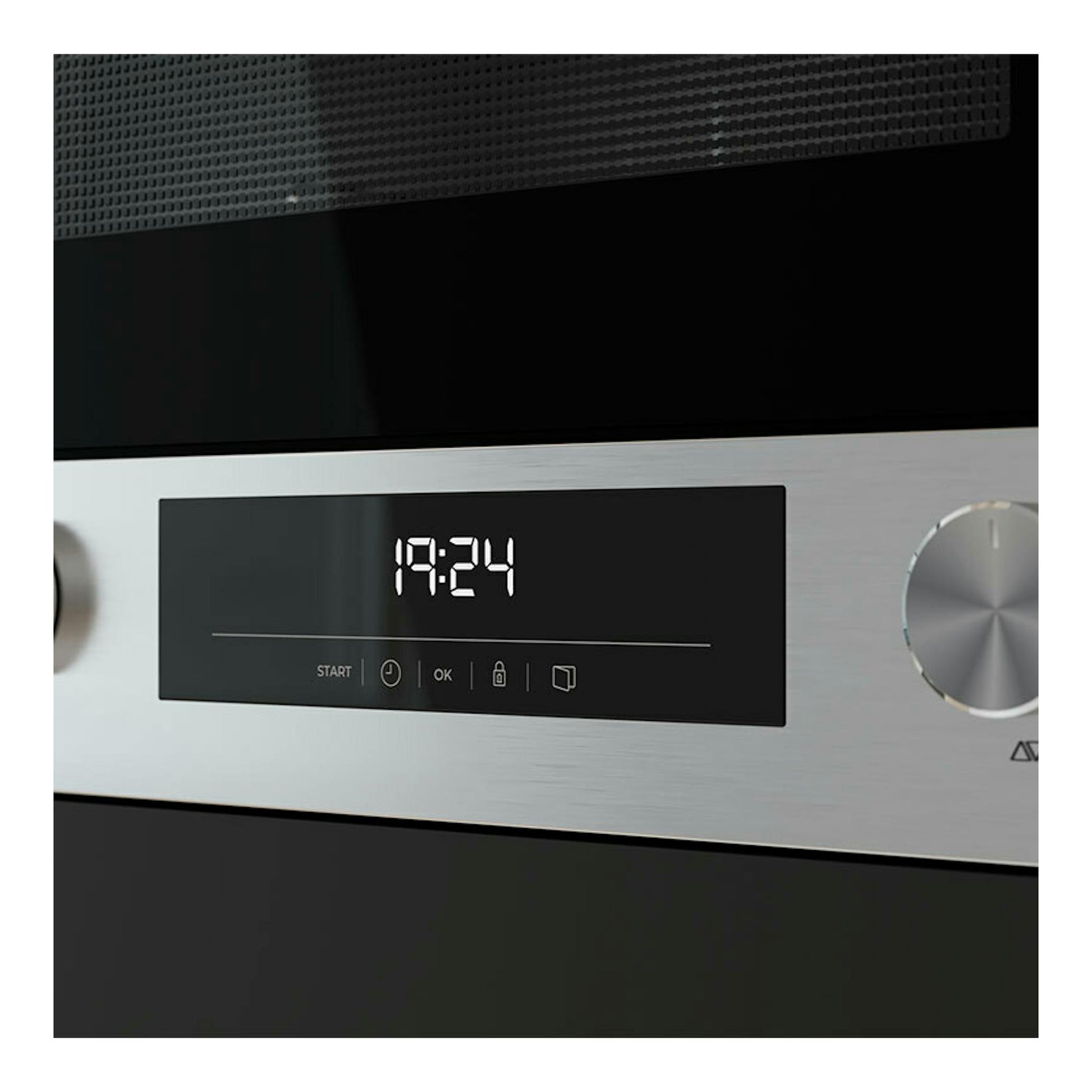 Microondas integrable Teka MS6220BIS R Inox, vista frontal parcial, panel negro con display y mando en acero inoxidable.