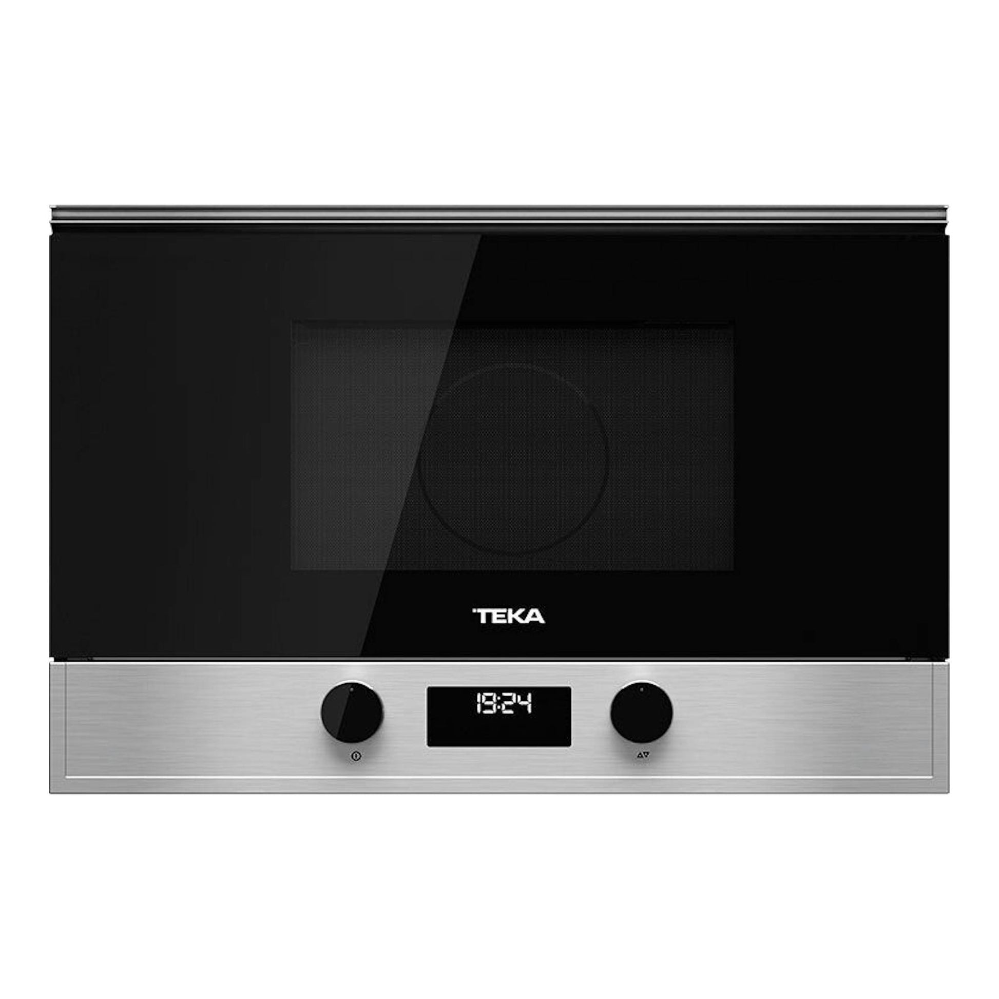 Microondas integrable Teka MS622BIS LS Inox, frontal negro con panel inferior inoxidable, display y dos mandos.