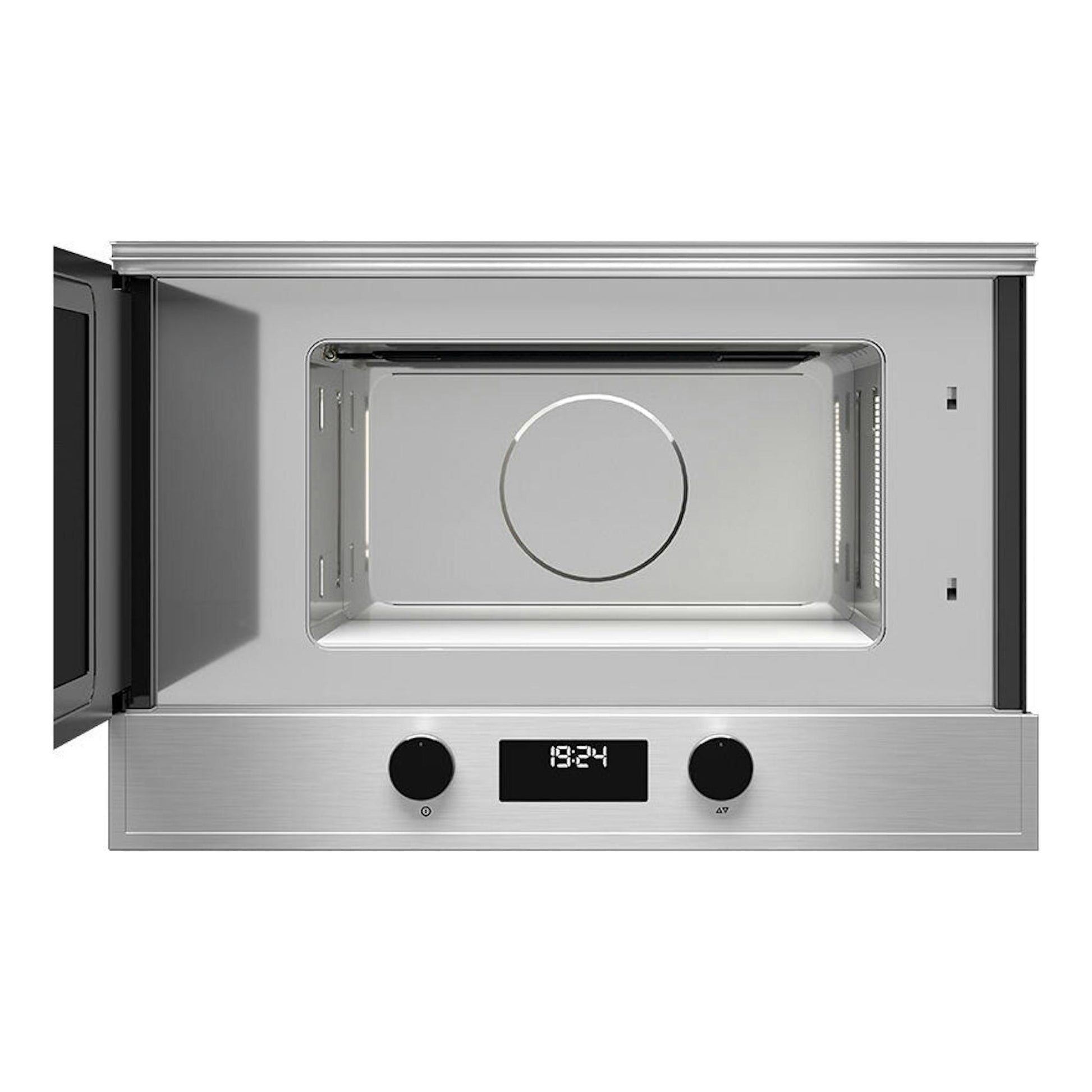 Microondas integrable Teka MS622BIS LS inox, vista frontal con puerta abierta y acabado en acero inoxidable.